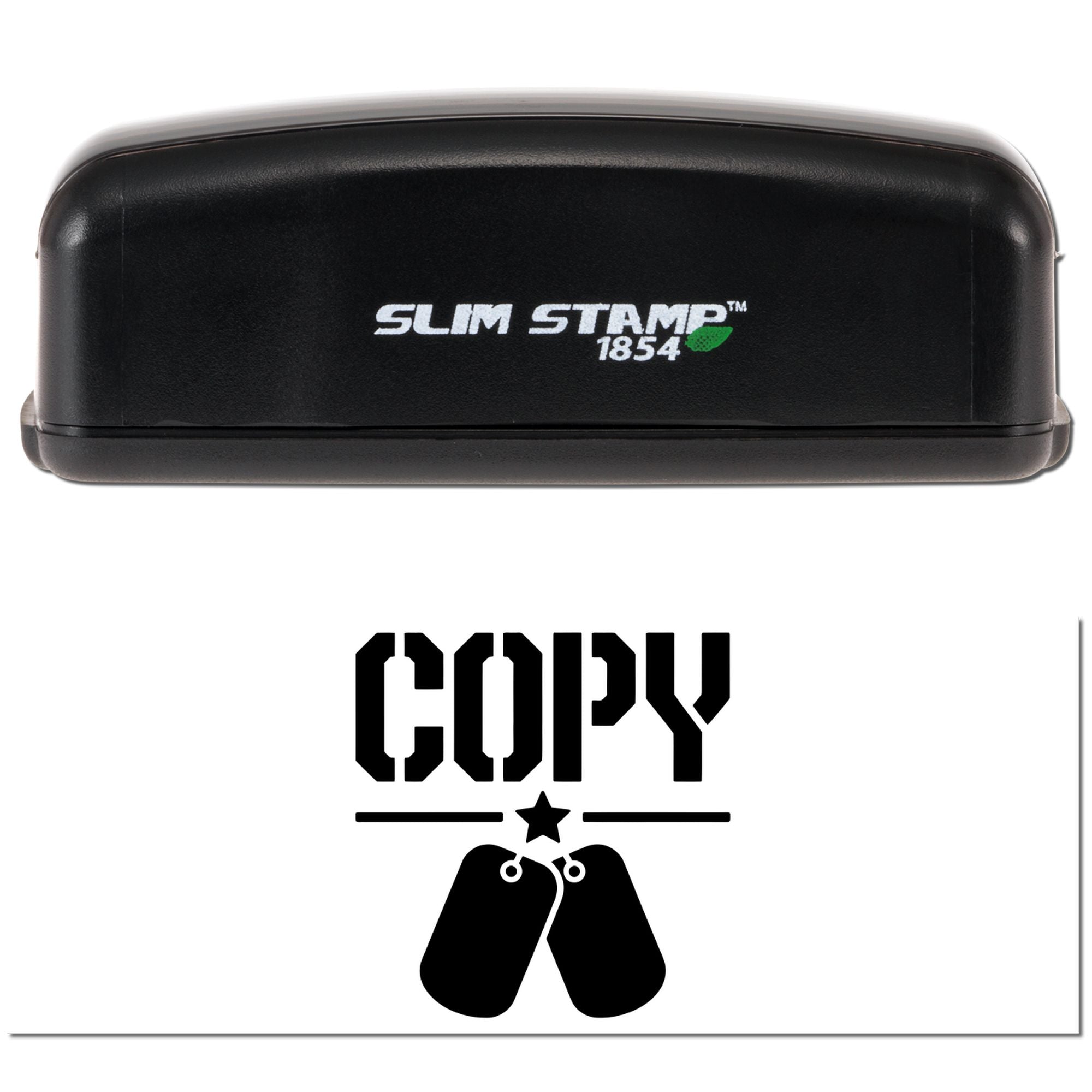 Black Slim Stamp 1854 self-inking stamp with bold COPY seal and hanging tag icon on white background