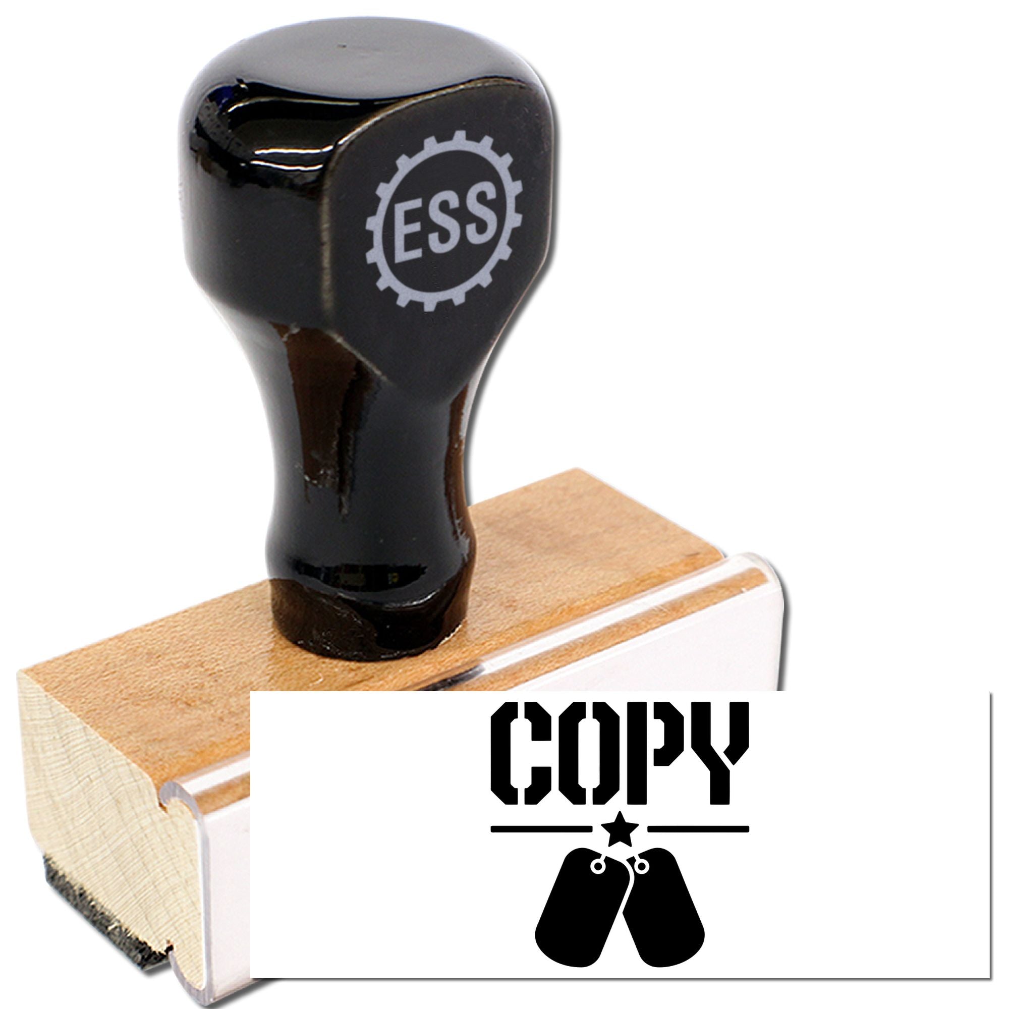 Black ESS rubber stamp and seal on wooden block with COPY emblem on white background.