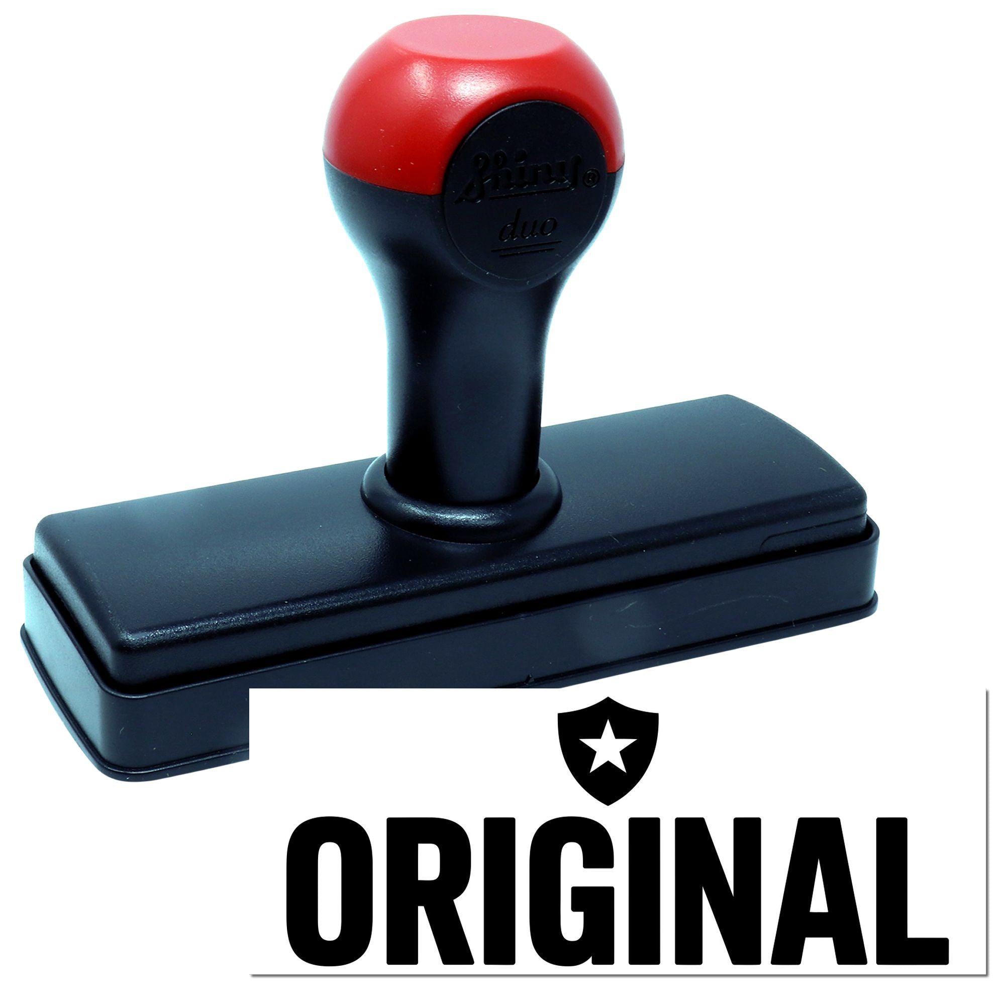 Red and black self-inking stamp and seal with ORIGINAL imprint and shield logo on a white background.