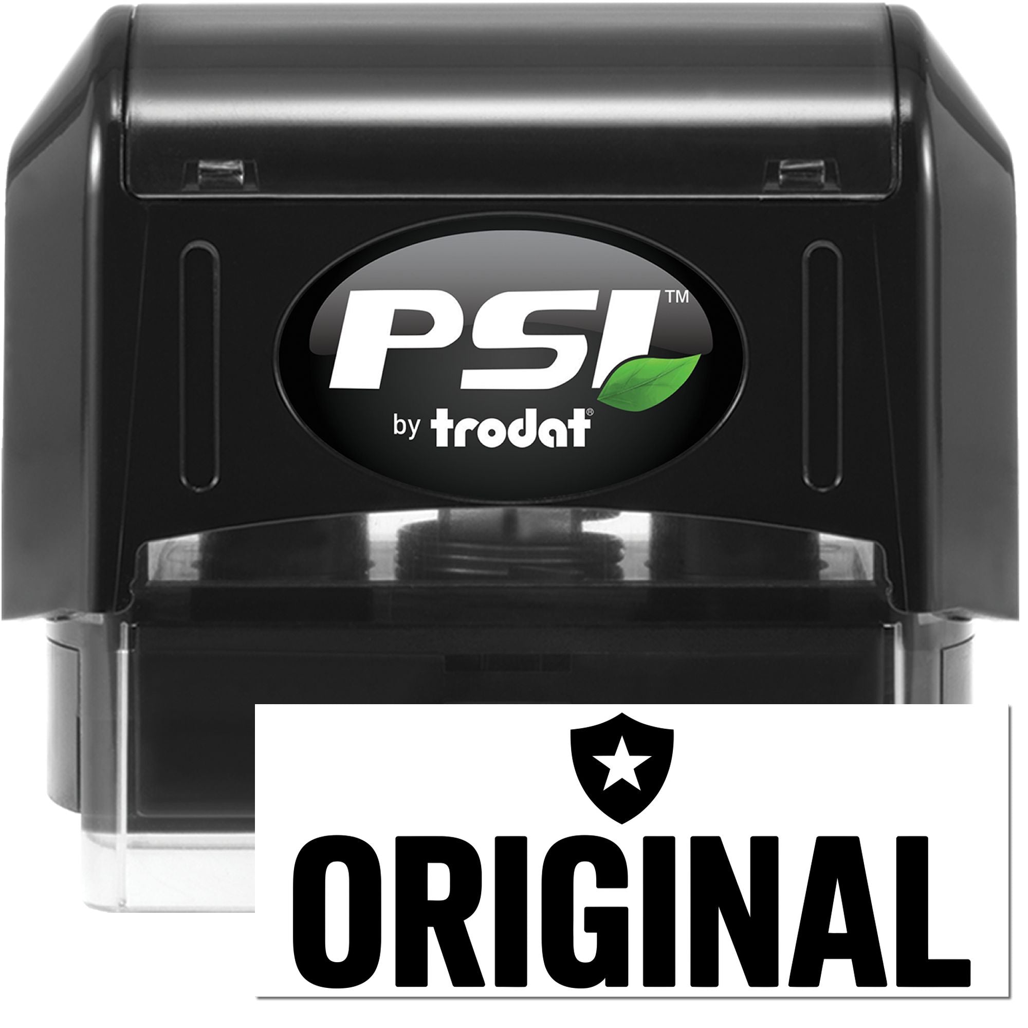 Black PSI by Trodat self-inking stamp and seal, black casing with clear base and original logo on white background.