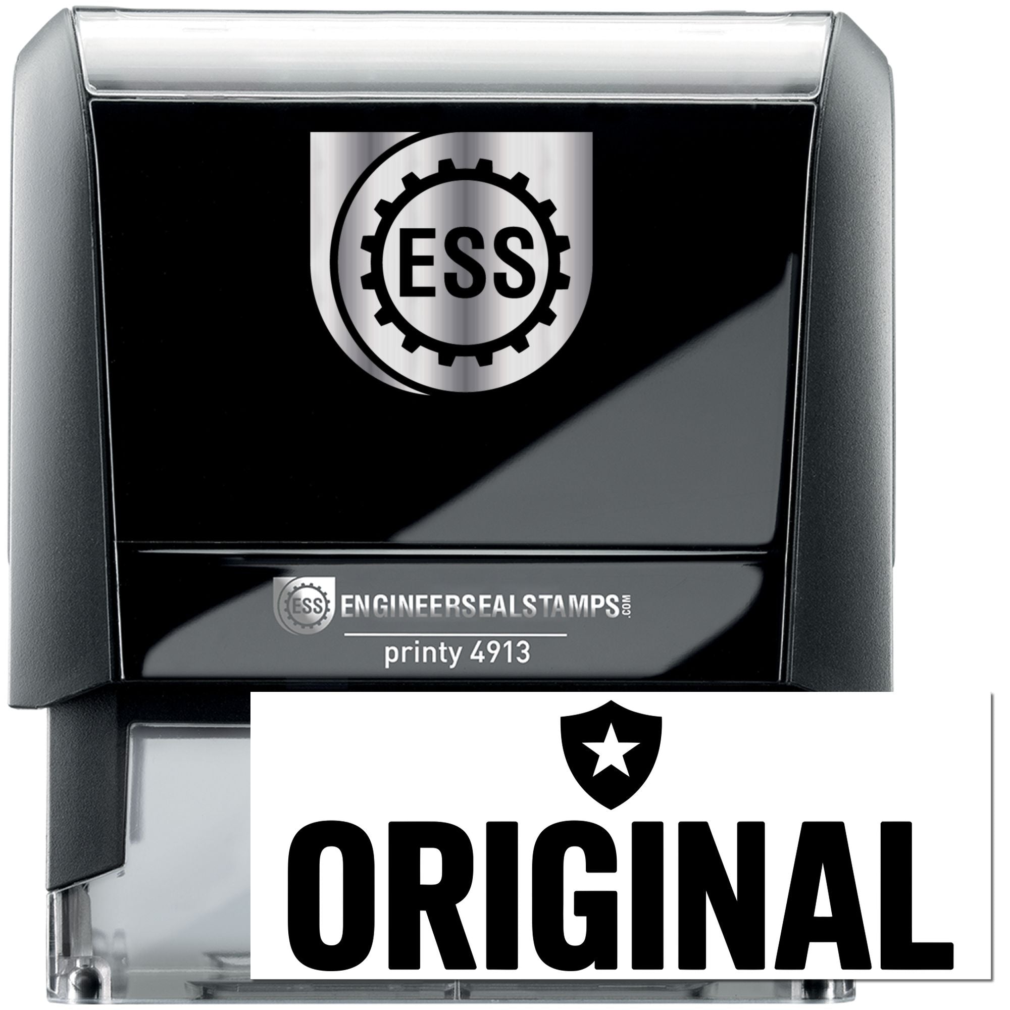 Black and silver self-inking stamp and seal with ESS gear logo, printy 4913, and ORIGINAL label.