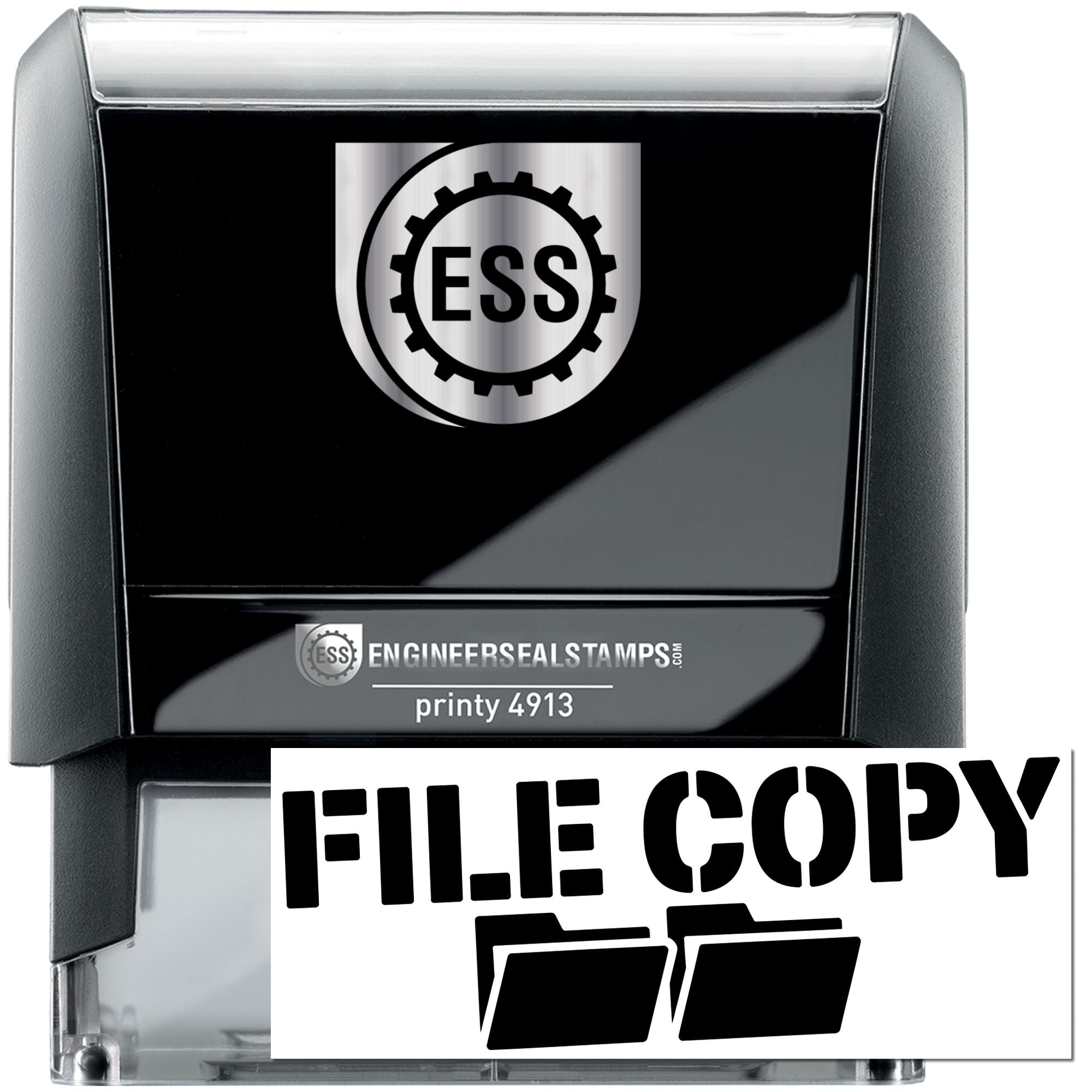 Black-and-silver engineer seal stamp with ESS logo, FILE COPY text, and folder icons
