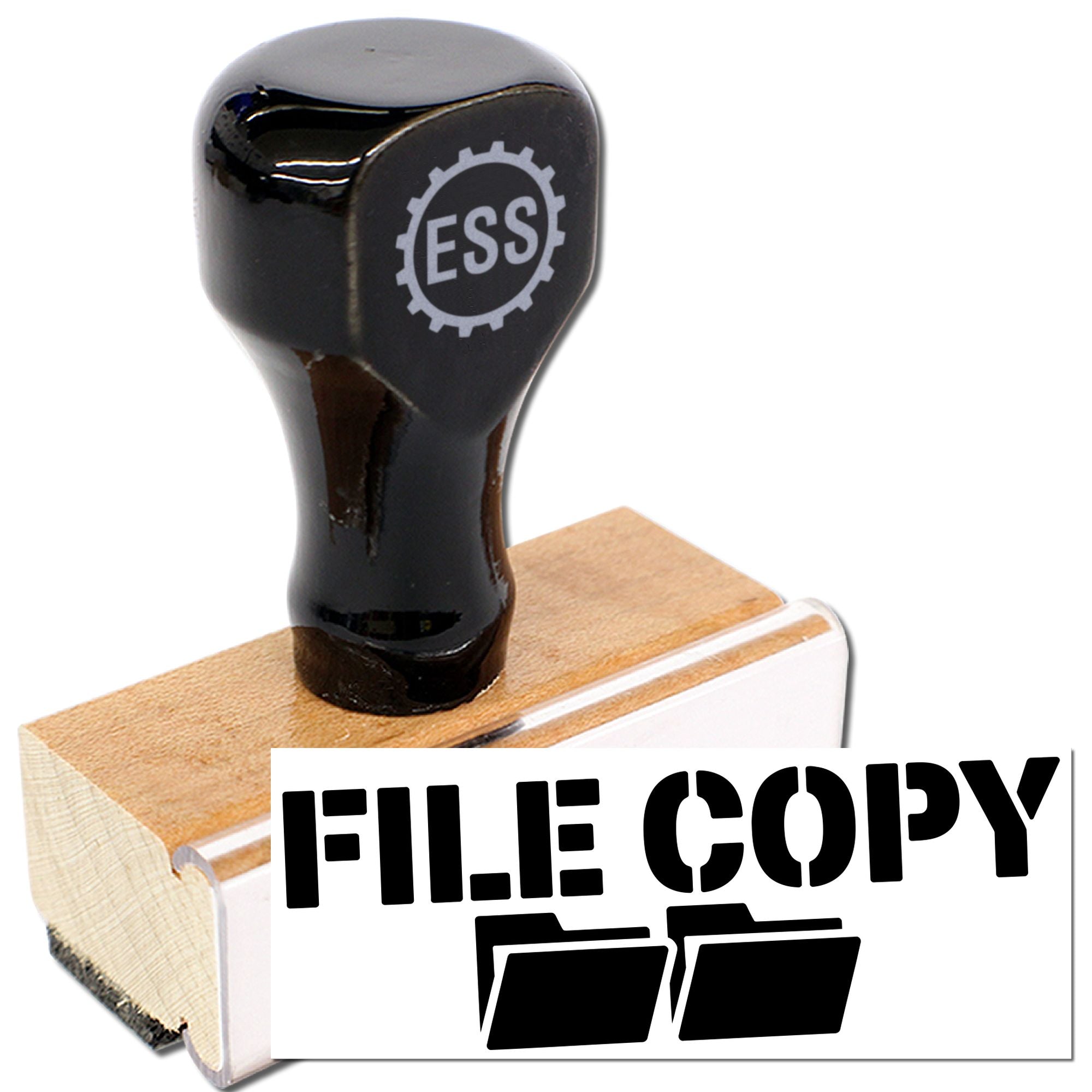 Black self-inking stamp with ESS logo on wooden base and FILE COPY seal with bold black text and folder icons.