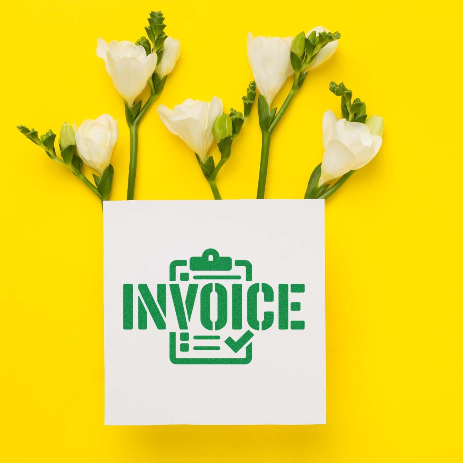 White flowers on bright yellow background beside a white sheet with green invoice stamp and seal logo.