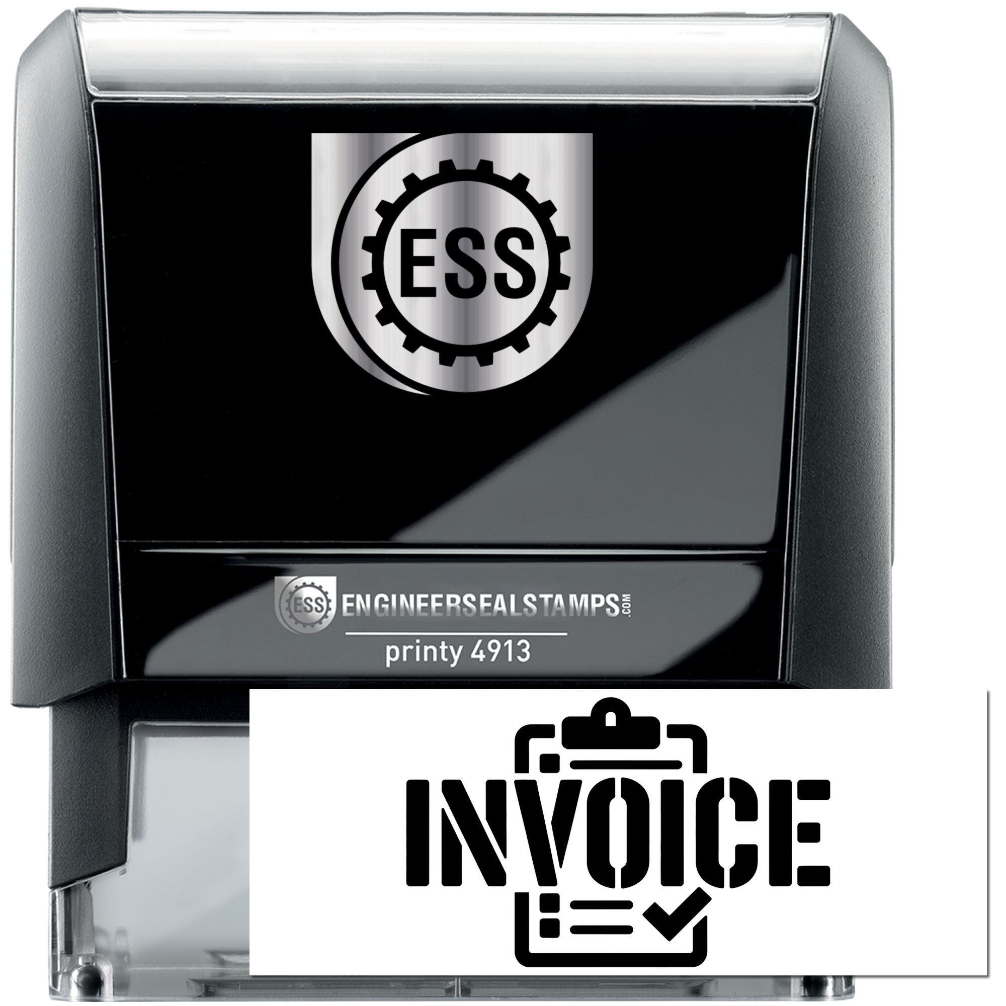 Black self-inking ESS engineer seal stamp with silver logo, invoice icon, and clear plastic case