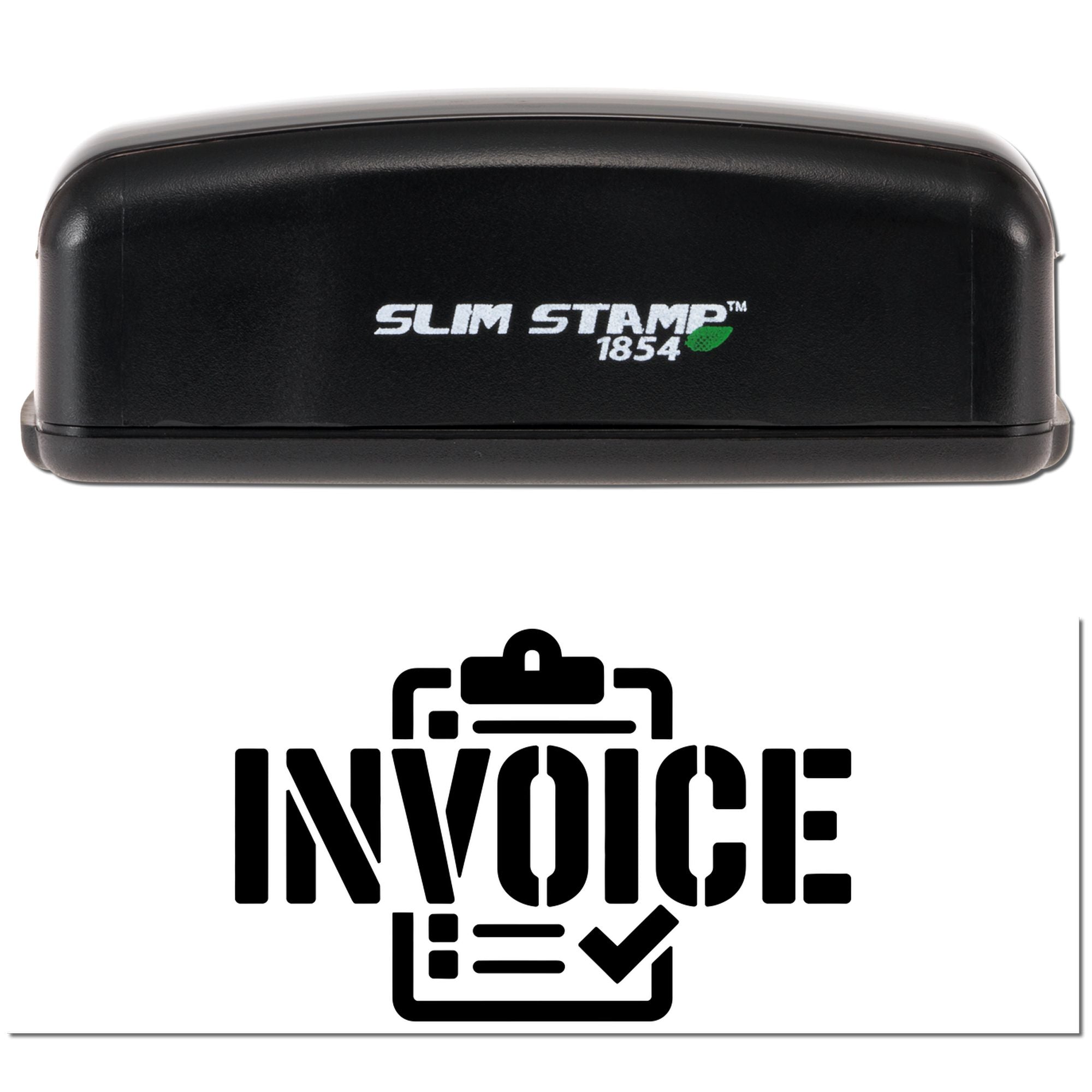 Black Slim Stamp 1854 stamp and seal set with INVOICE clipboard logo on a white background.