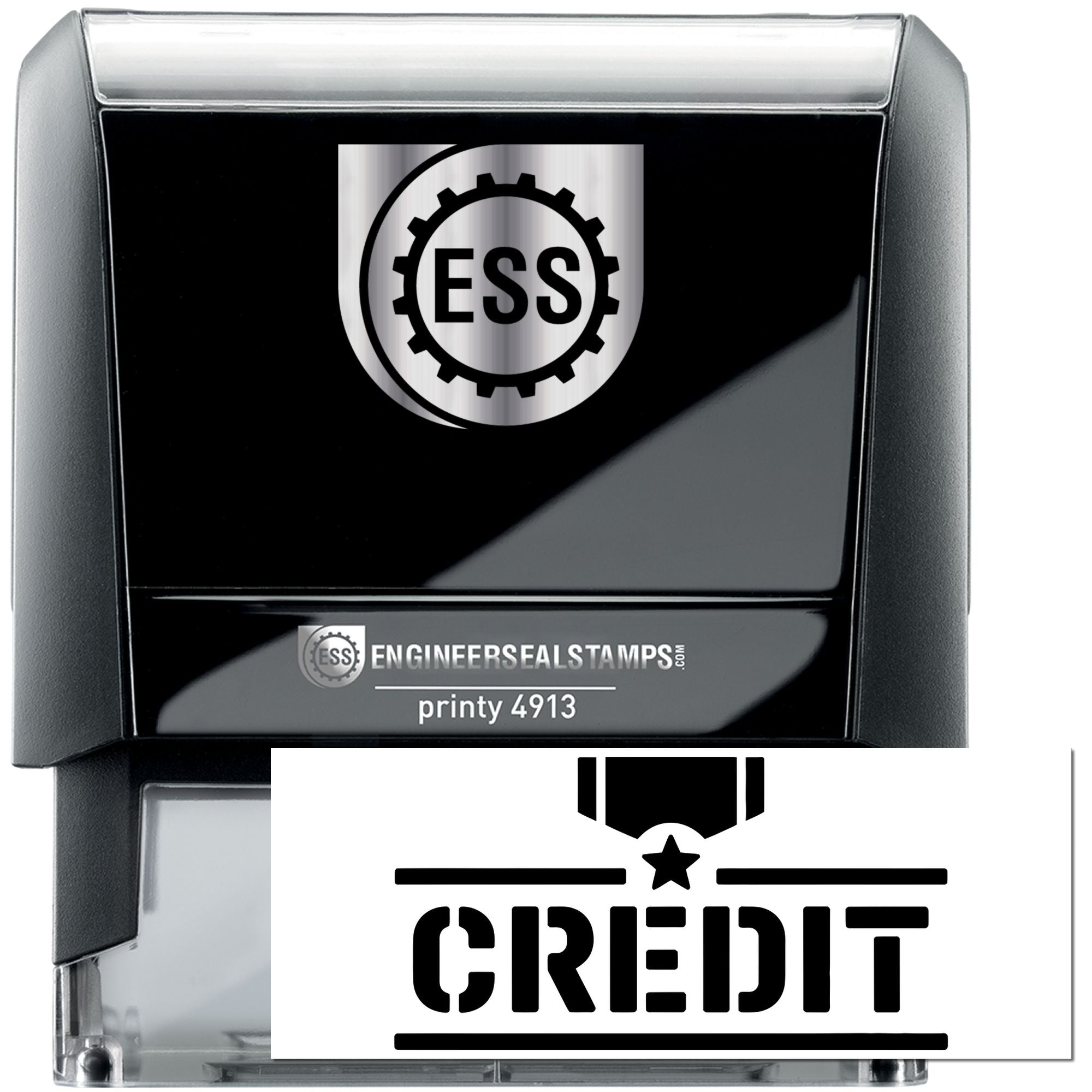 Black self-inking engineer seal stamp with ESS logo, silver trim, and bold CREDIT imprint.
