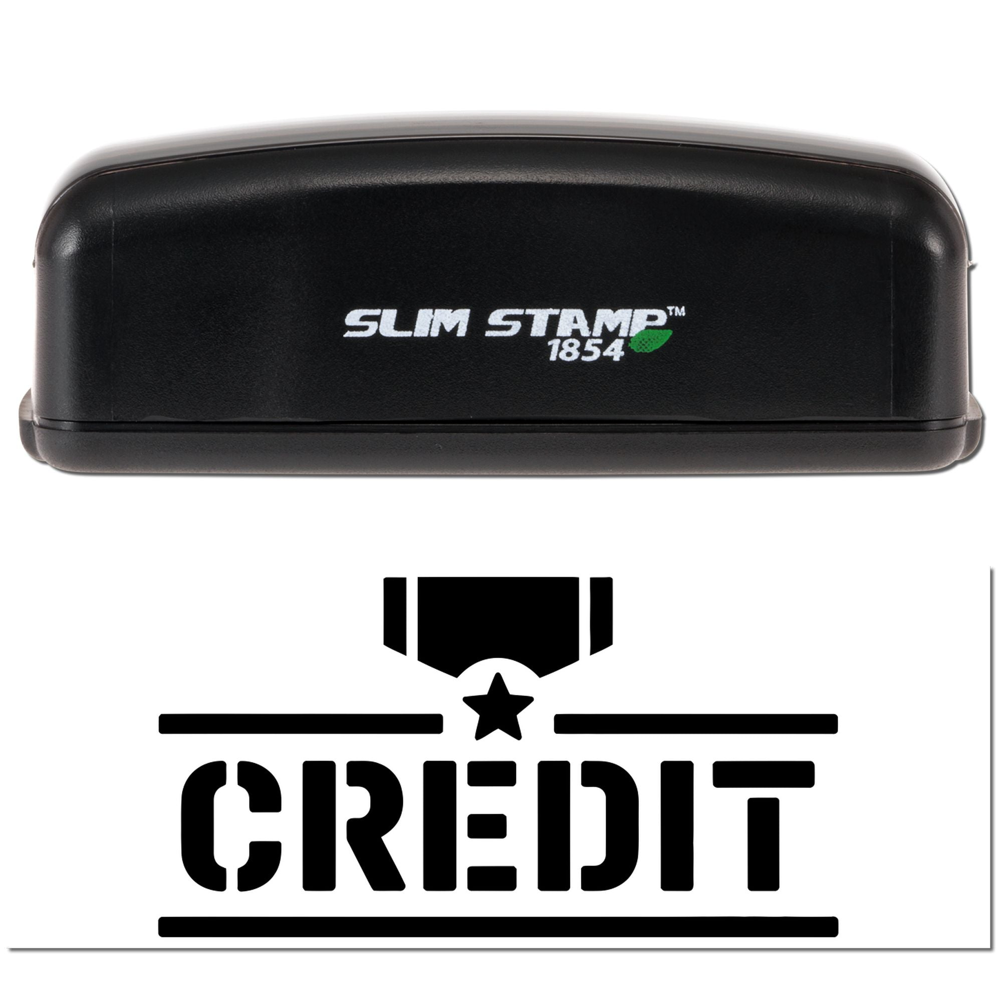 Black Slim Stamp 1854 self-inking stamp and CREDIT seal logo in bold black on a white background