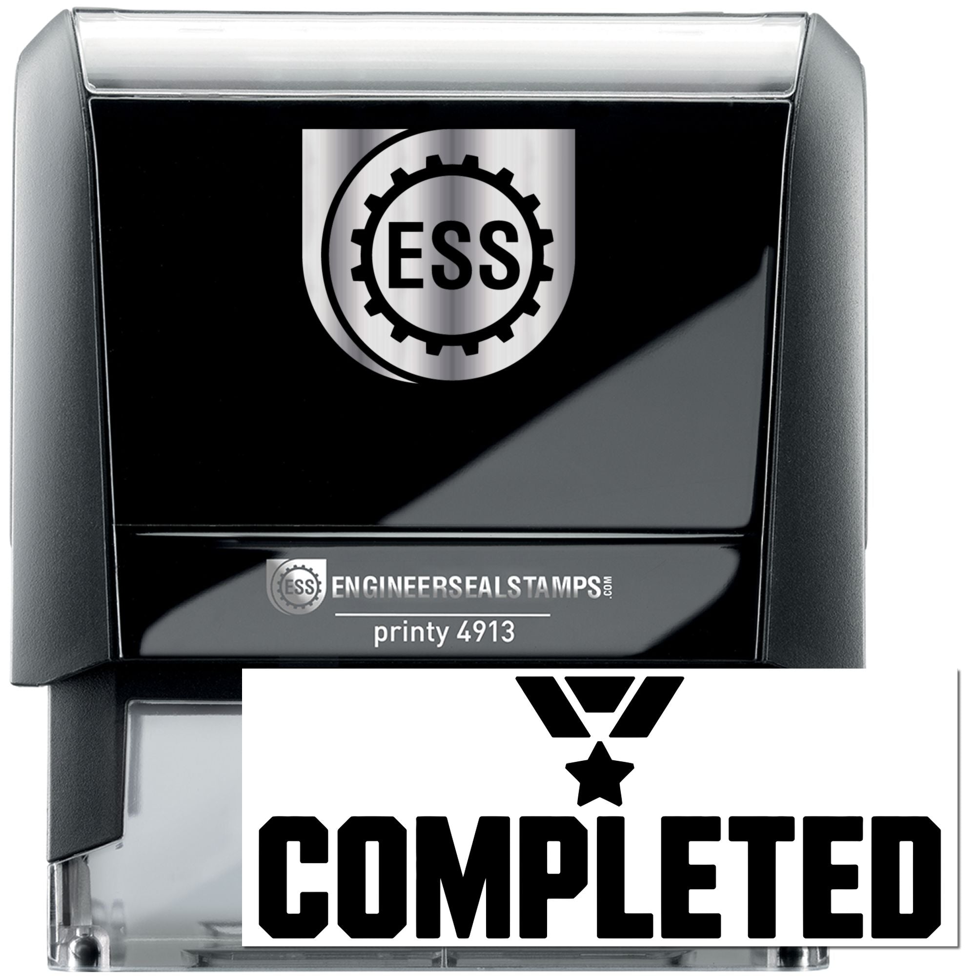 Black self-inking engineer seal stamp with silver top, ESS logo, and bold COMPLETED imprint.