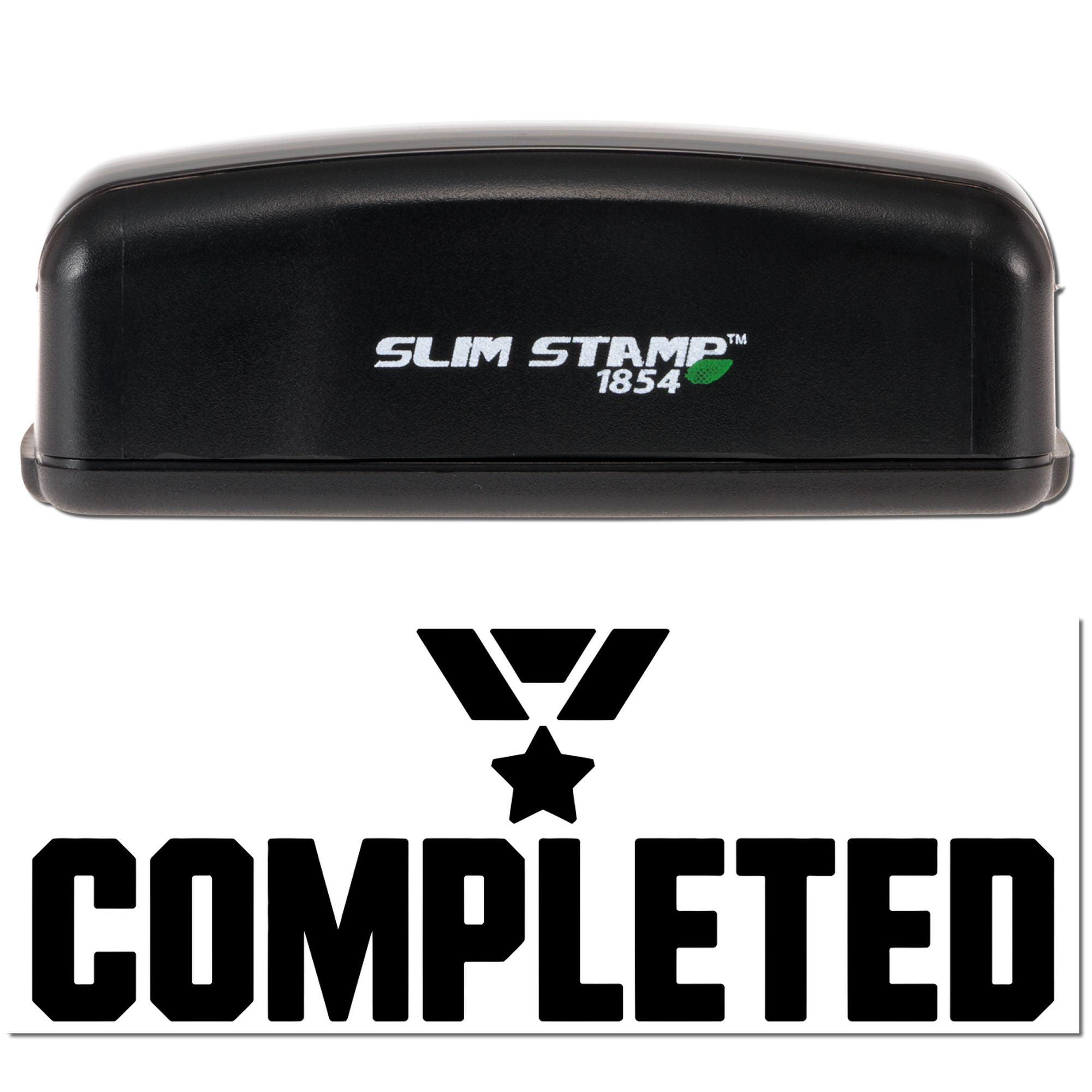 Black Slim Stamp 1854 stamp and completed seal imprint with star icon, black on white background.
