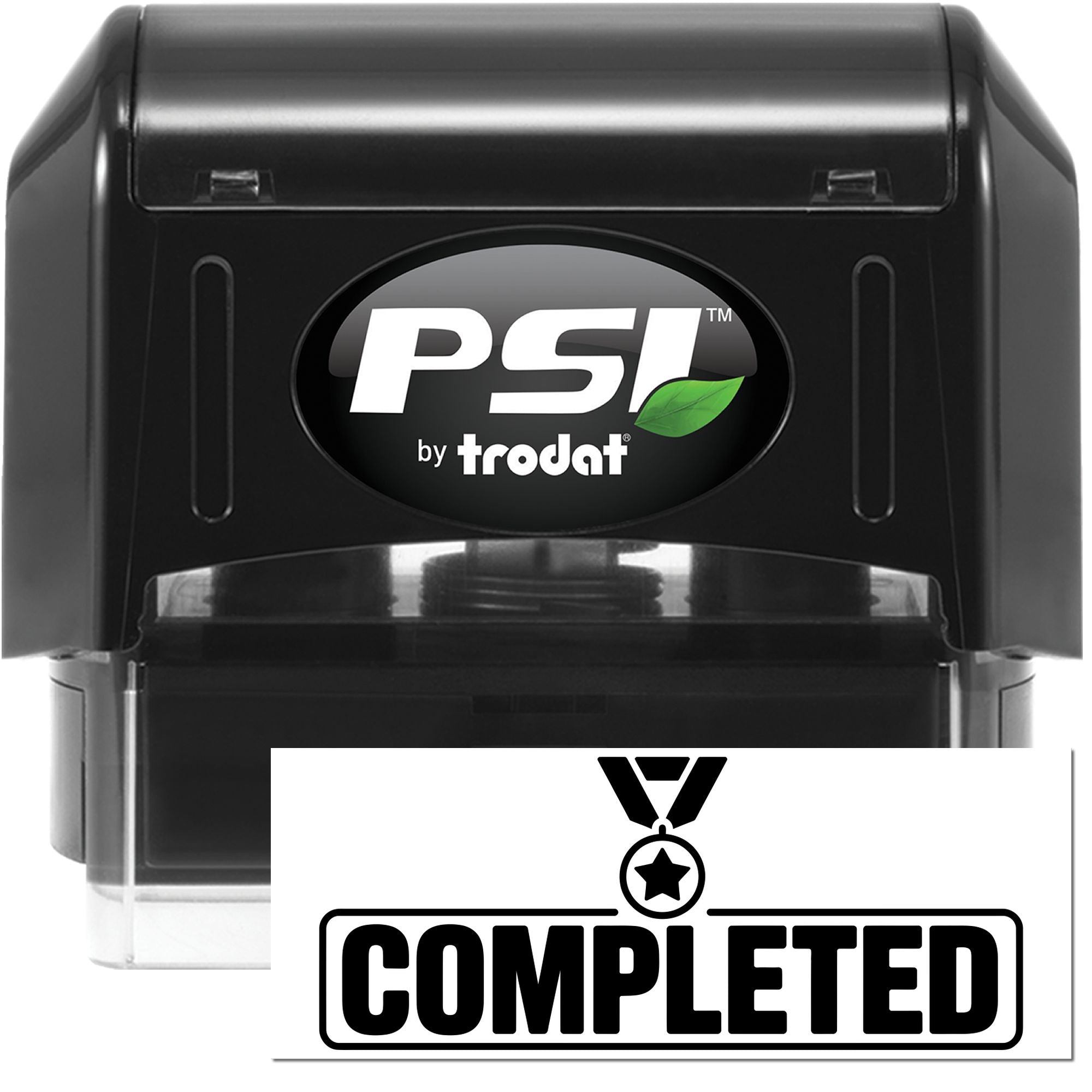 Black PSI by Trodat self-inking stamp and seal with white Completed impression card and green leaf logo.