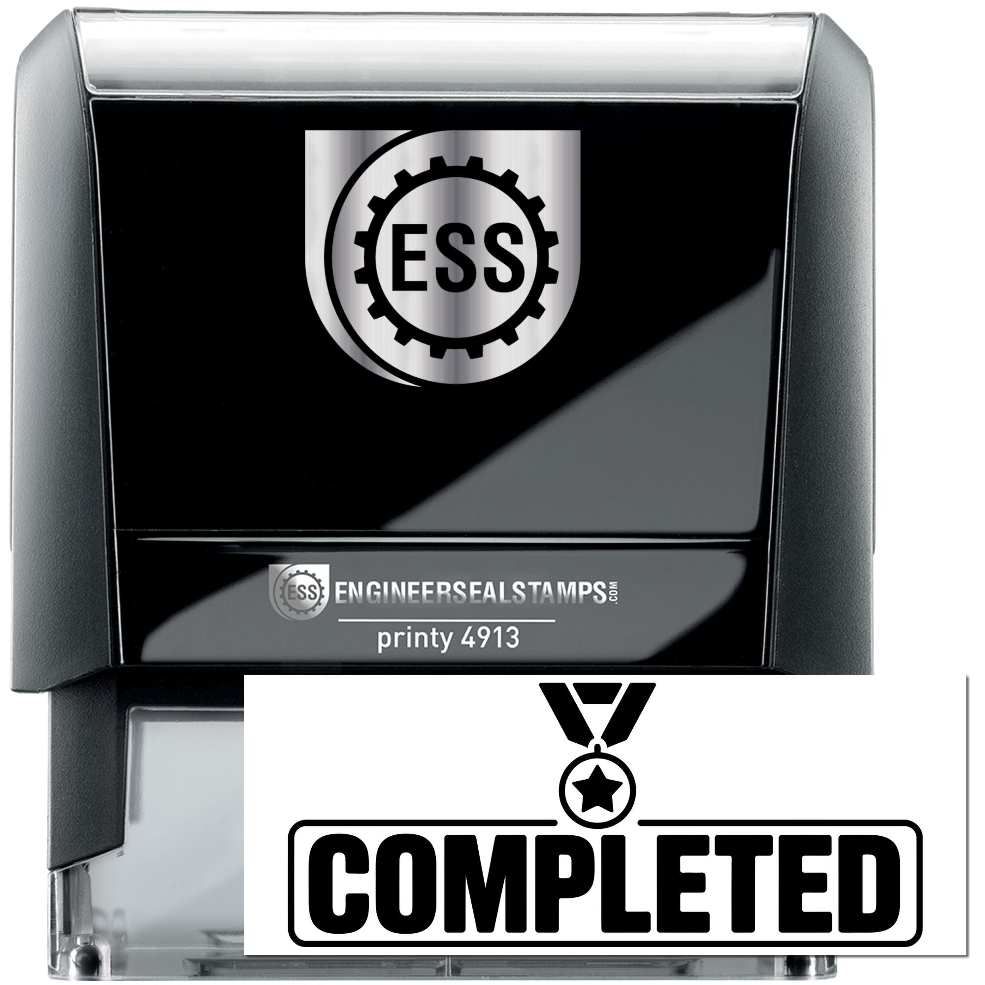 Black and silver engineer seal self-inking stamp with ESS logo and bold Completed impression
