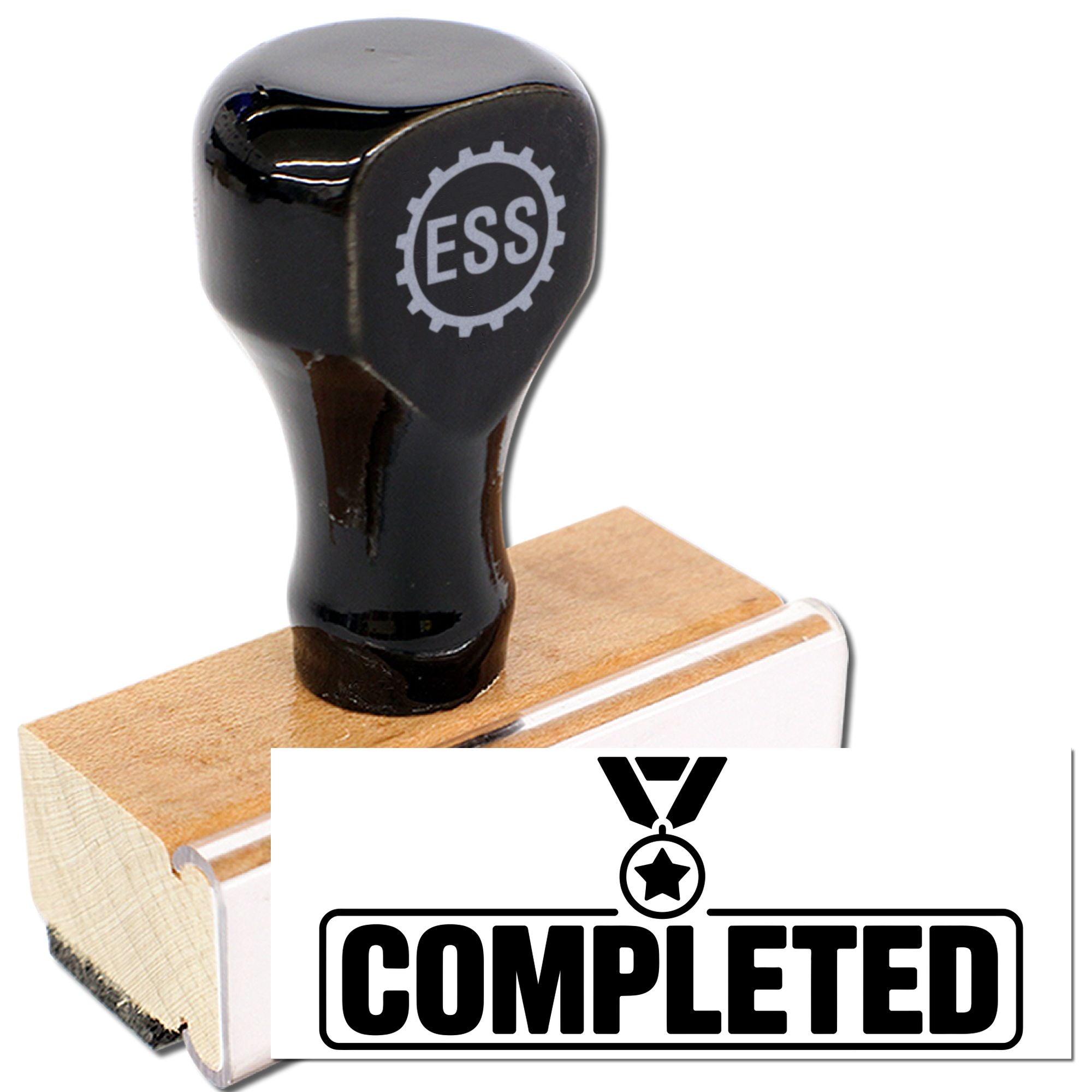 Black stamp and seal on wooden base with bold COMPLETED imprint in black and white.