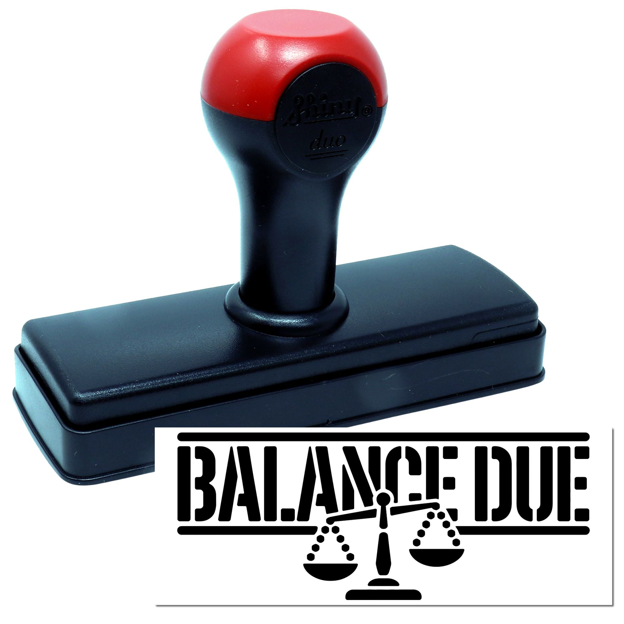 Black and red self-inking stamp and seal with Balance Duo logo on a white background