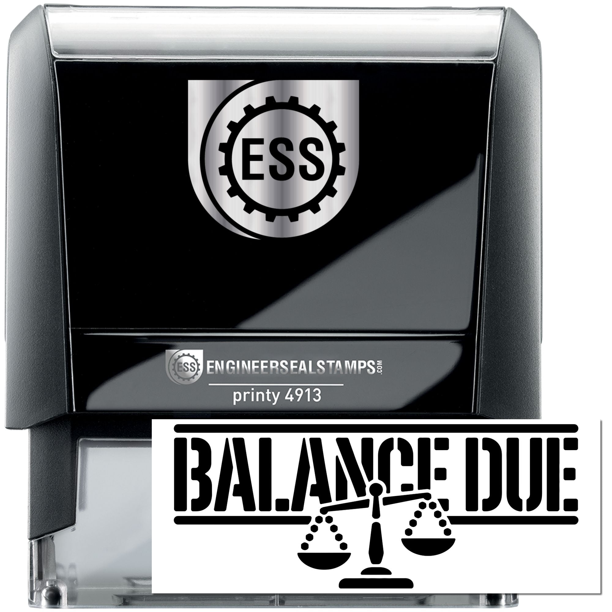 Black ESS self-inking engineer seal stamp and Balance Due seal, with silver-gray accents and bold black lettering.