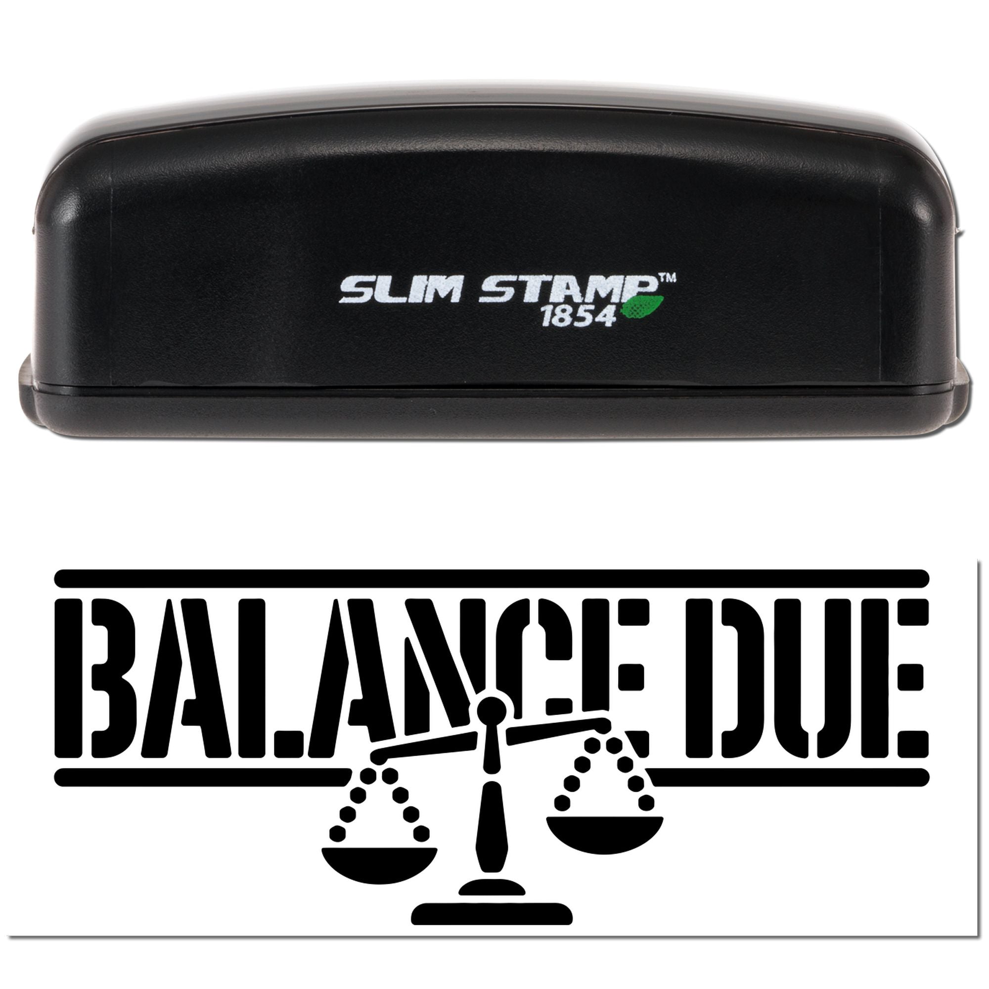 Black Slim Stamp 1854 self-inking stamp with white logo and green accent above a bold black Balance Due seal