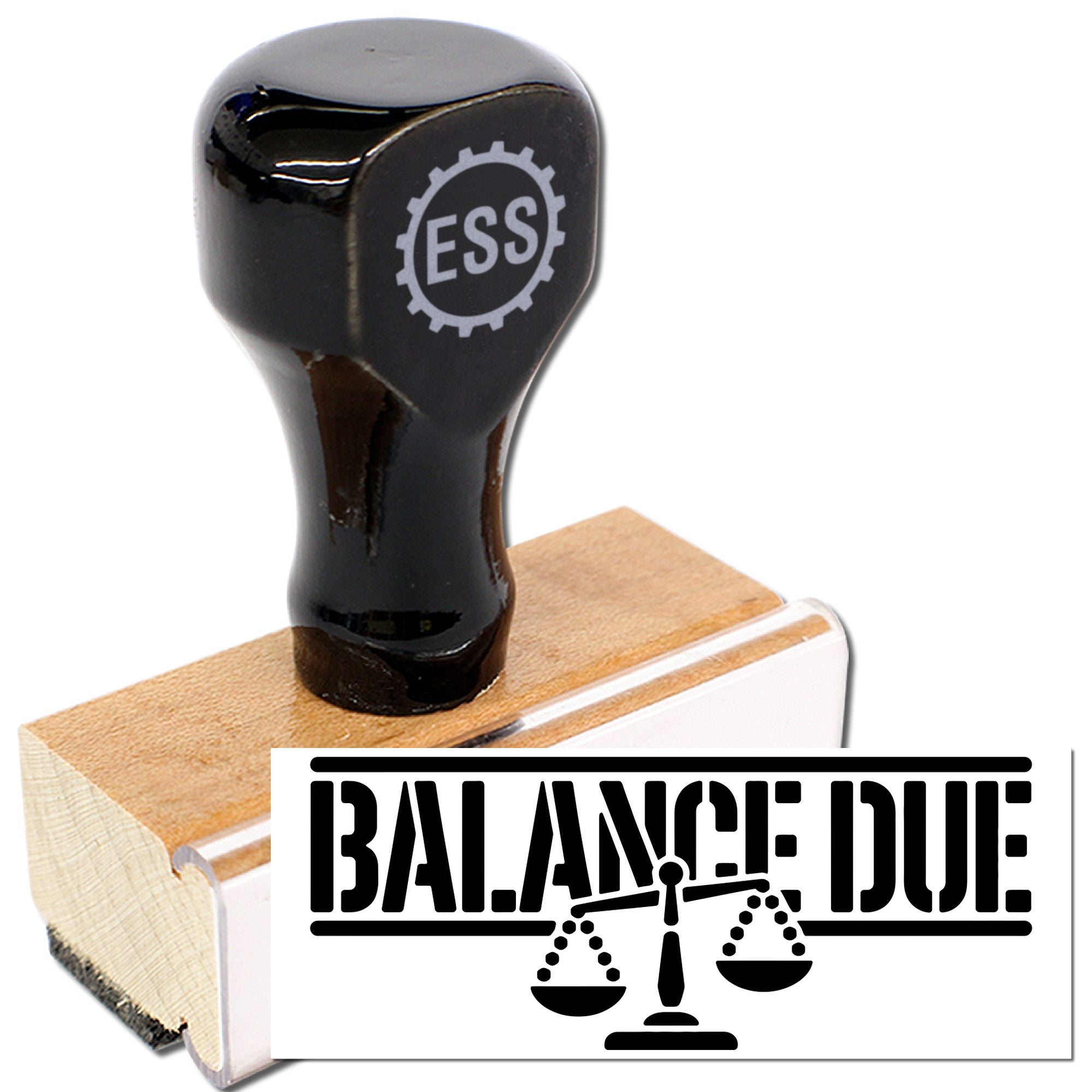 Black rubber stamp with ESS gear logo and BALANCE DUE seal on white, mounted on a wooden base.