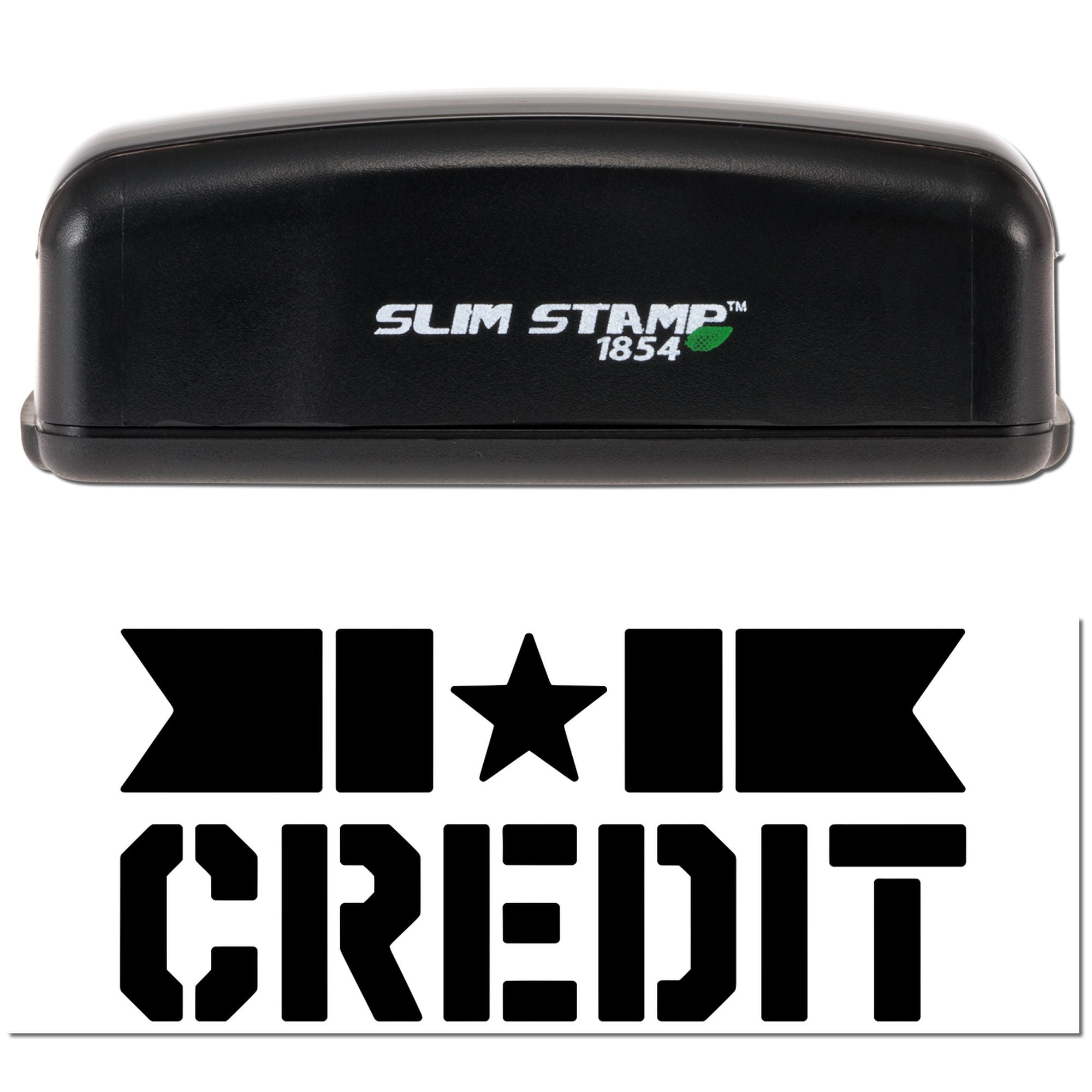 Black Slim Stamp 1854 stamp and seal set with white logo and bold black CREDIT text on a white background.