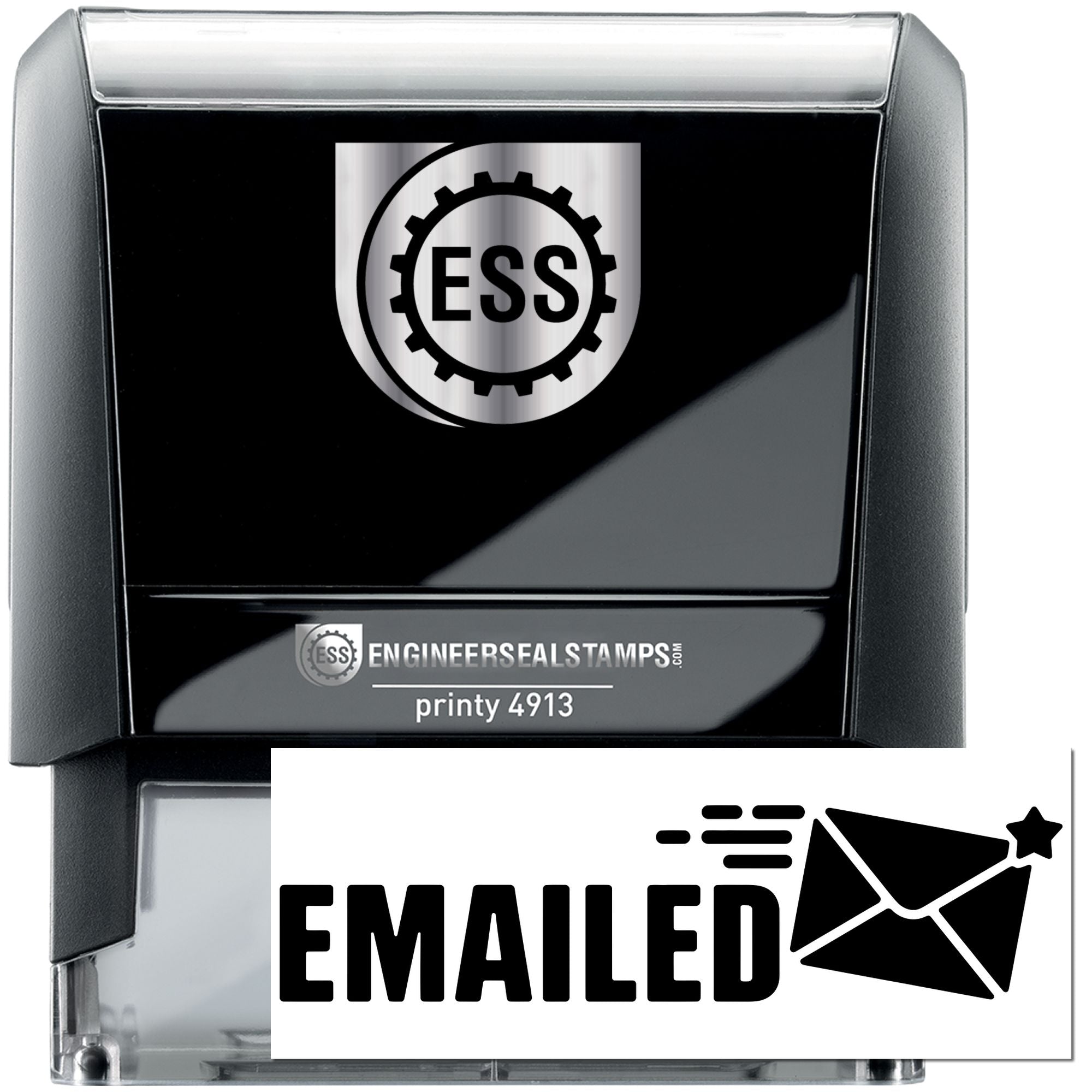 Black self-inking engineer seal stamp with silver ESS logo and white EMAILED marking, featuring an envelope icon
