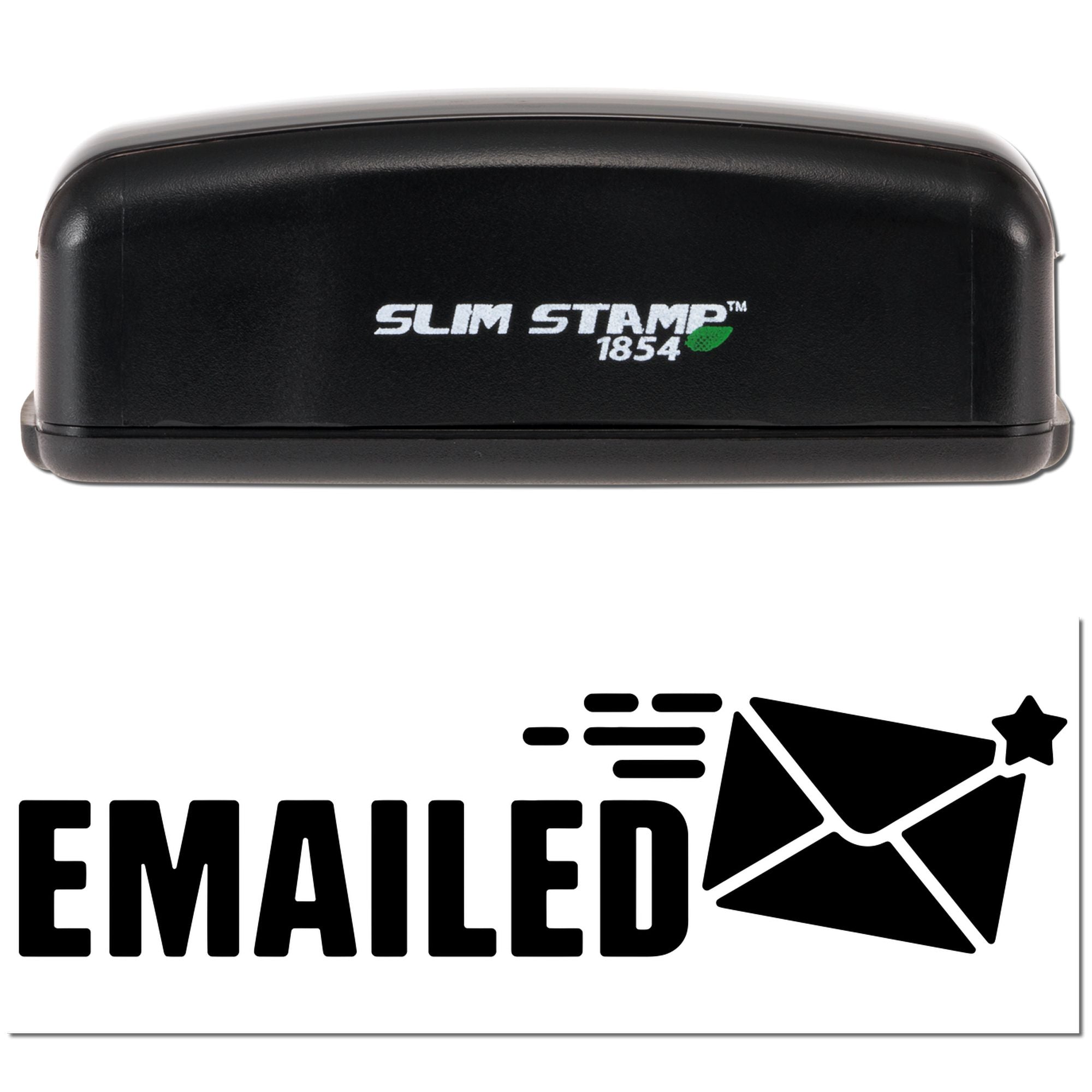 Black Slim Stamp 1854 self-inking stamp and seal on white, with green logo and bold EMAILED envelope icon.