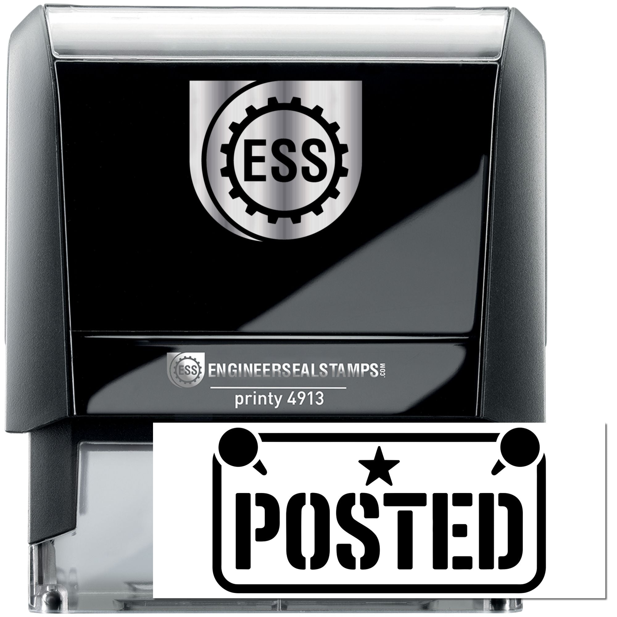 Black and silver self-inking engineer seal stamp with ESS logo and bold POSTED imprint