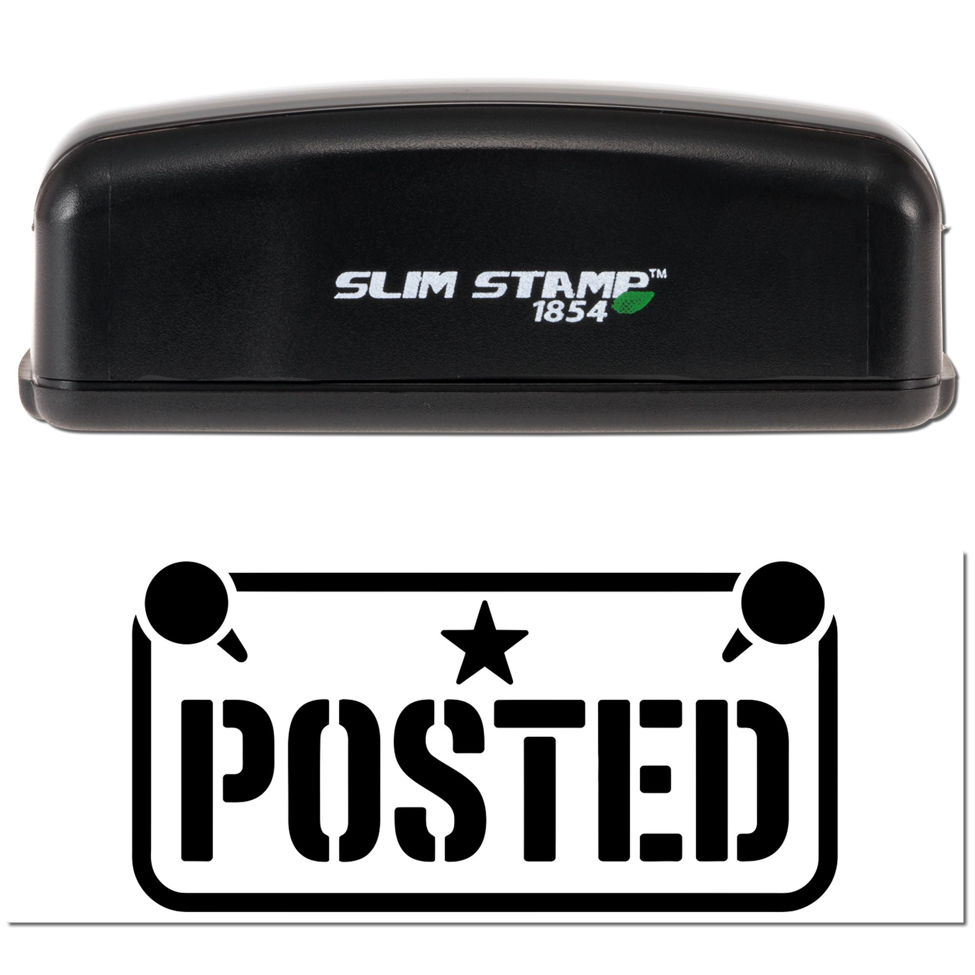 Black Slim Stamp 1854 self-inking stamp with bold POSTED seal graphic on white background.
