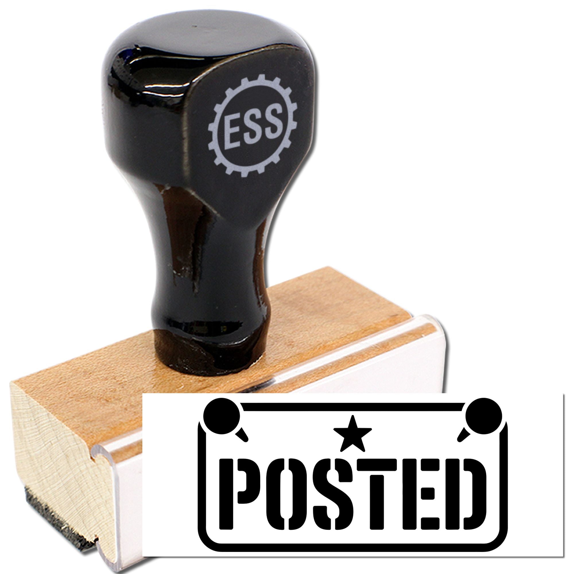 Black rubber stamp on wooden base with ESS logo and posted seal graphic, featuring stamp and seal products