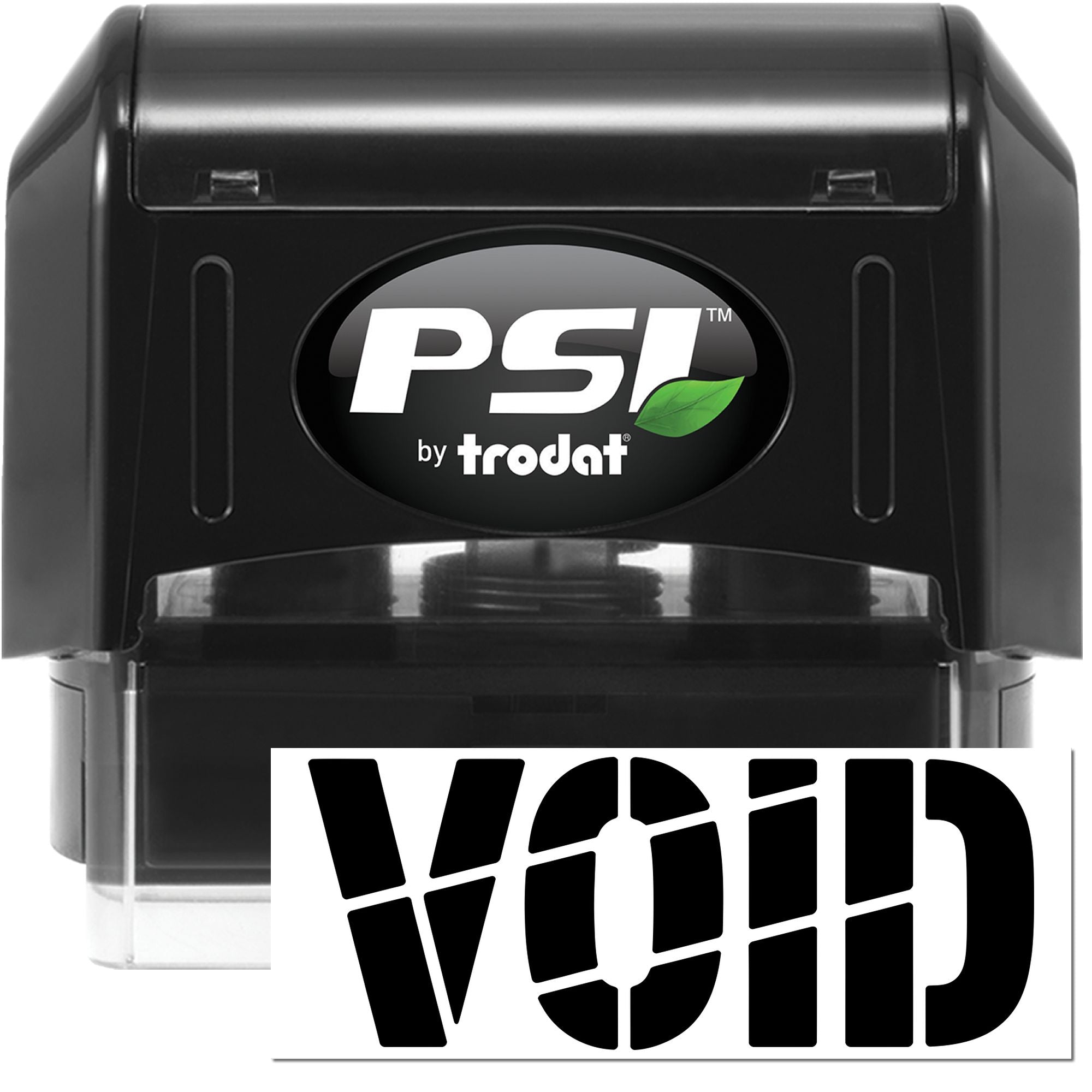 Black PSI by Trodat self-inking stamp and VOID security seal with white logo and green leaf accent.