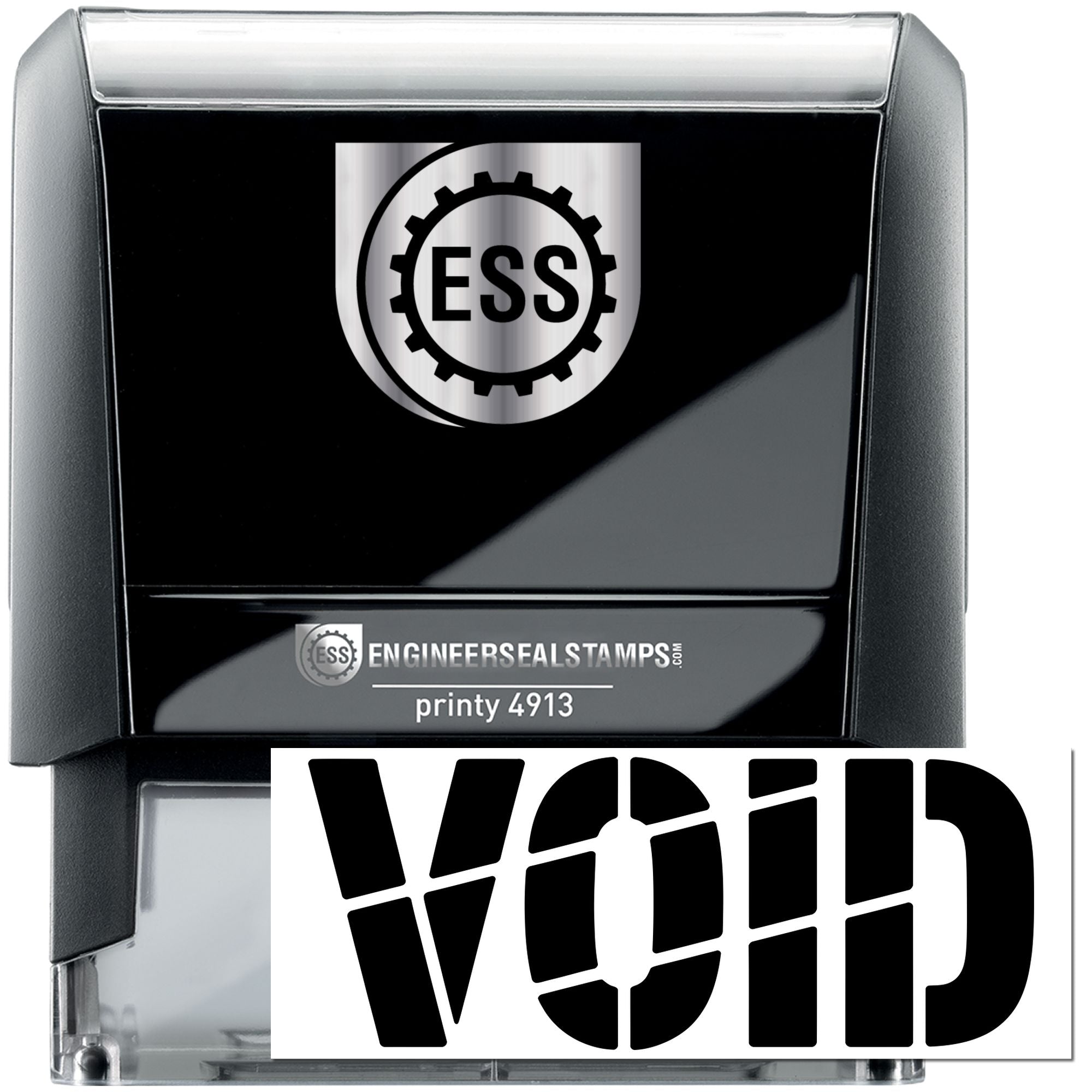 Black and silver ESS self-inking stamp with VOID security seal, Printy 4913 model, for tamper-evident marking
