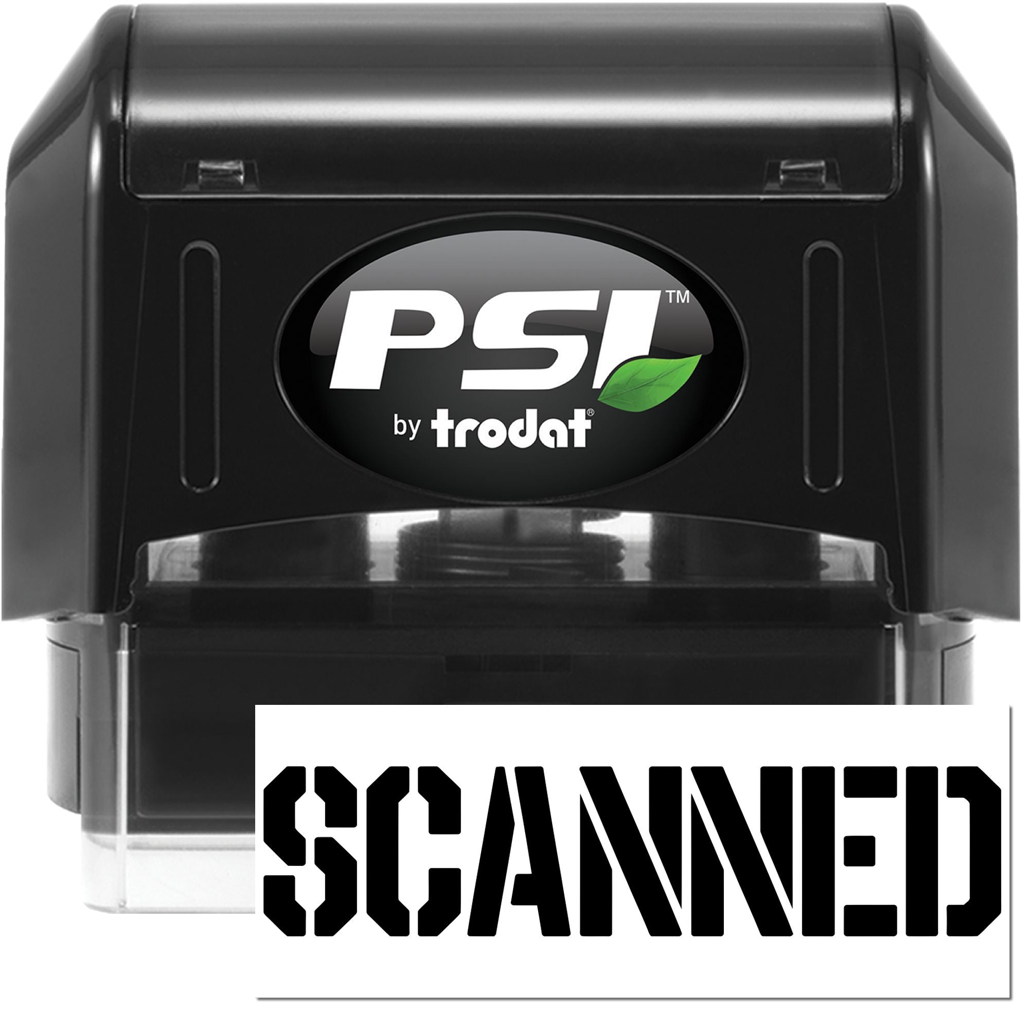 Black PSI by Trodat self-inking stamp with SCANNED seal, black casing, clear base, and green leaf logo.