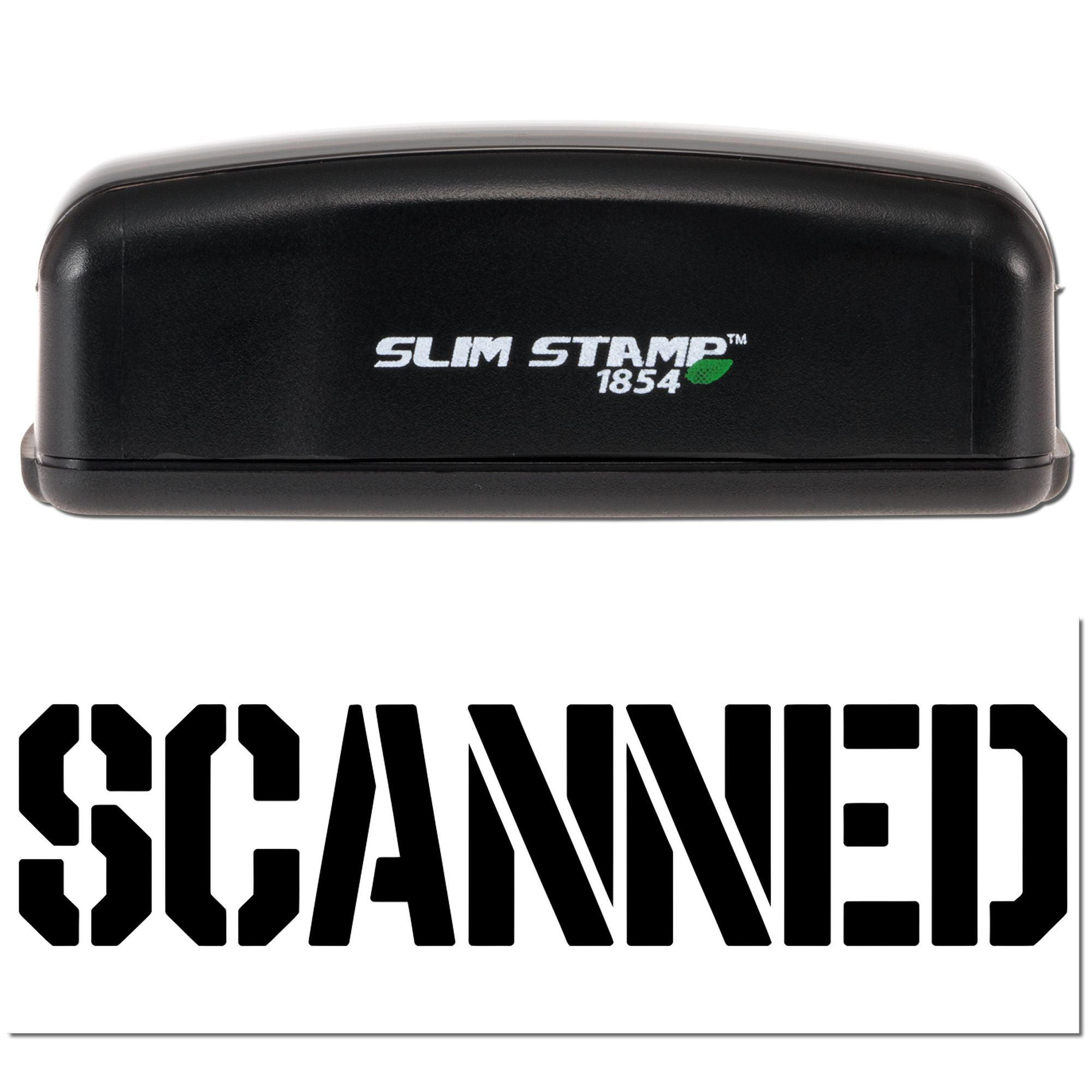Black Slim Stamp 1854 self-inking stamp and seal with green leaf logo above bold black SCANNED text on white background.