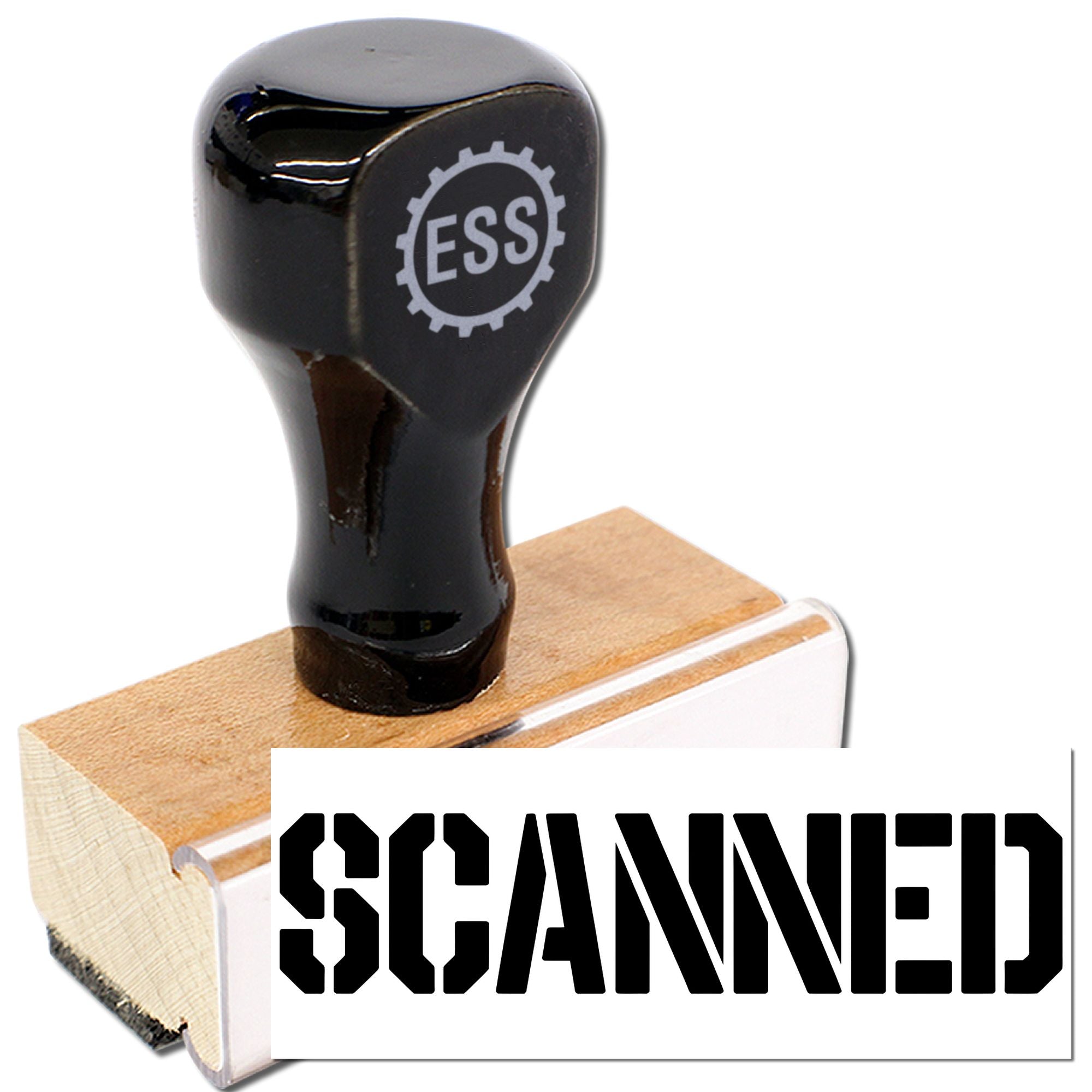 Black ESS stamp and seal with wooden base and SCANNED impression on white background