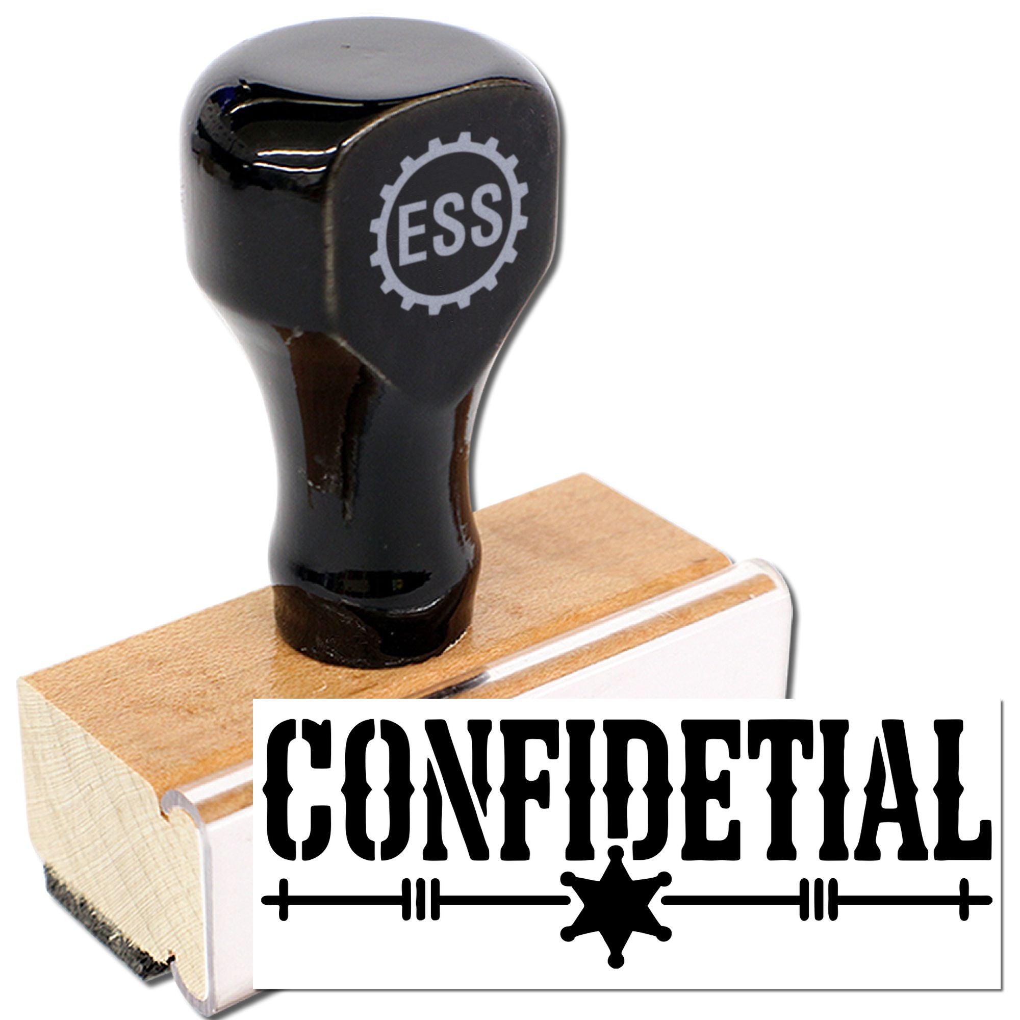 Black rubber confidential stamp with tan wooden handle and ESS logo, beside a bold CONFIDENTIAL seal on white.