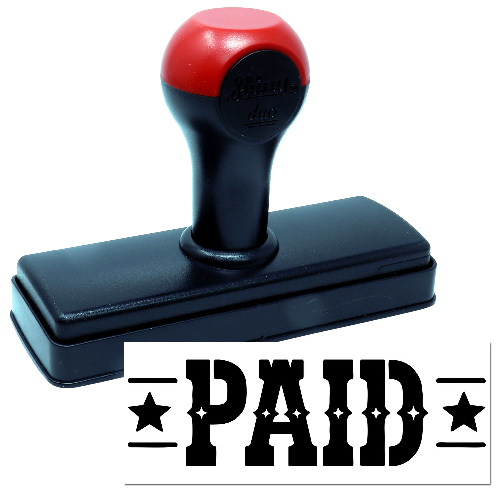 Red and black self-inking stamp and seal with PAID imprint and rectangular base on white background.