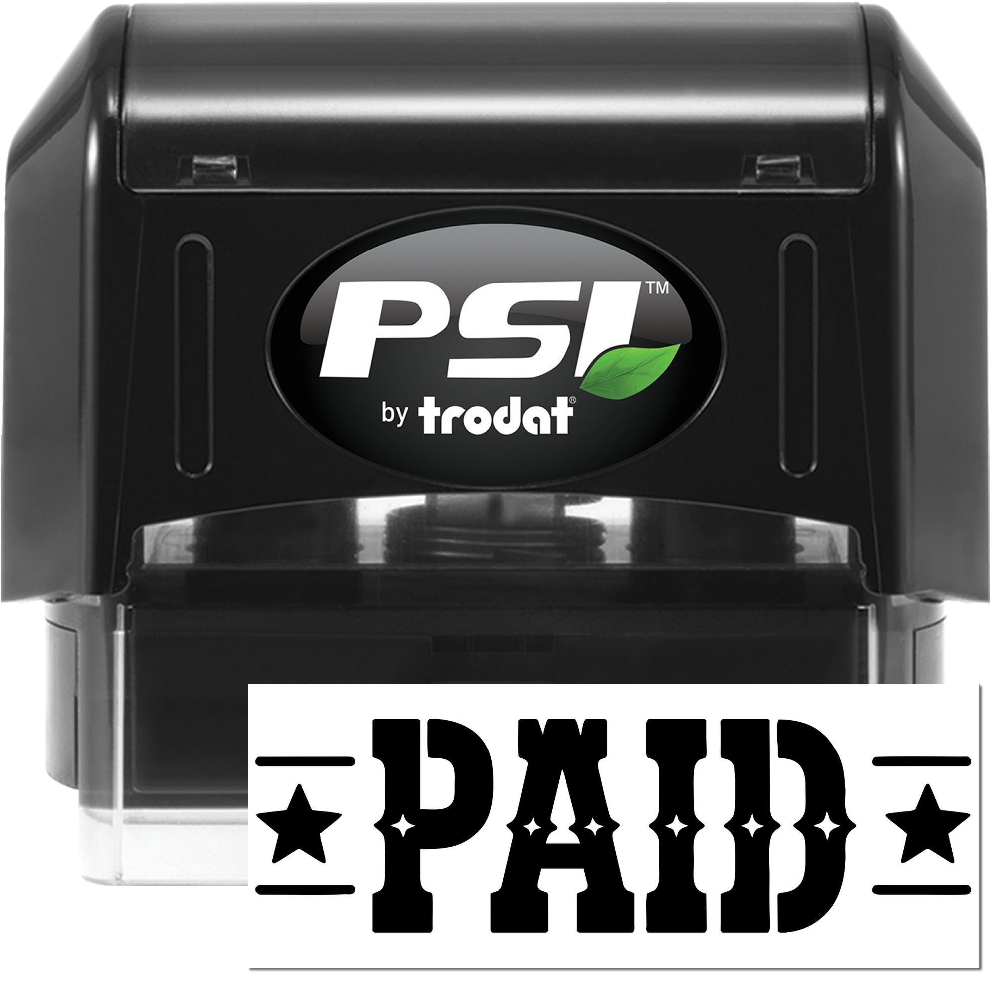 Black PSI by Trodat self-inking paid stamp and seal with green leaf logo and white PAID impression
