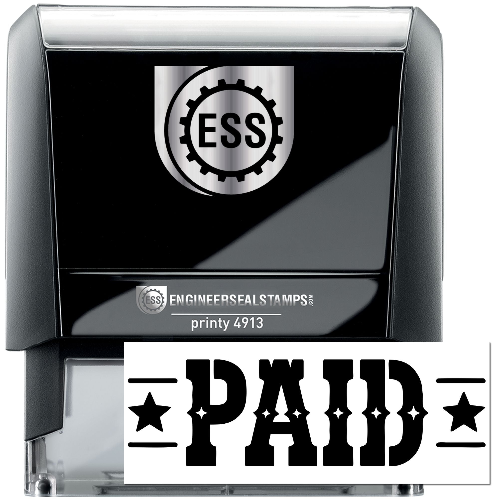 Black and gray ESS self-inking stamp and seal with gear logo and bold white PAID imprint