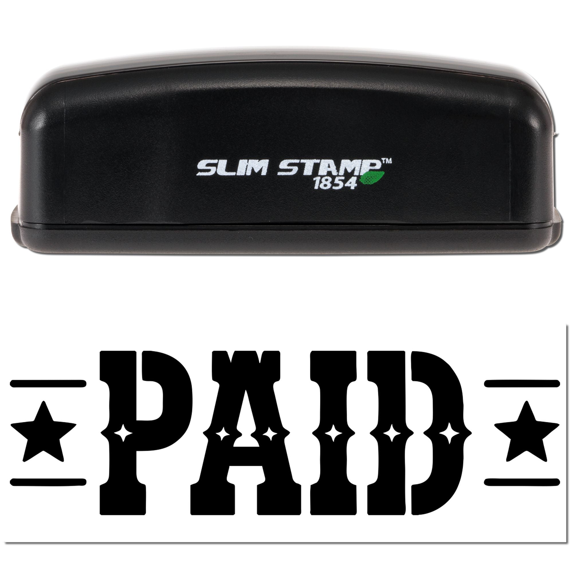 Black Slim Stamp 1854 stamp and PAID seal set with bold black lettering, stars, and white background.