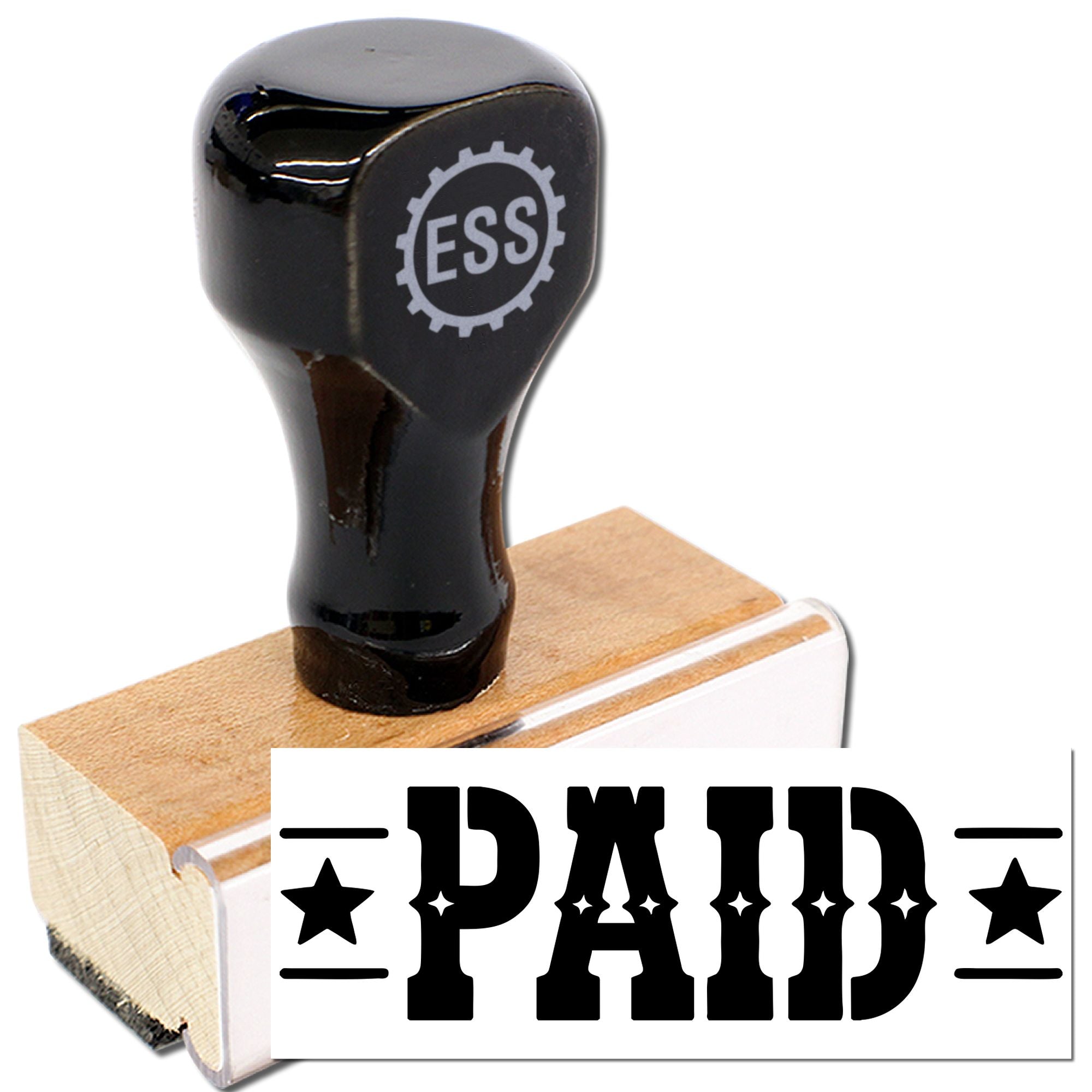 Black rubber stamp and wooden seal block with PAID mark, featuring ESS gear logo on the handle.