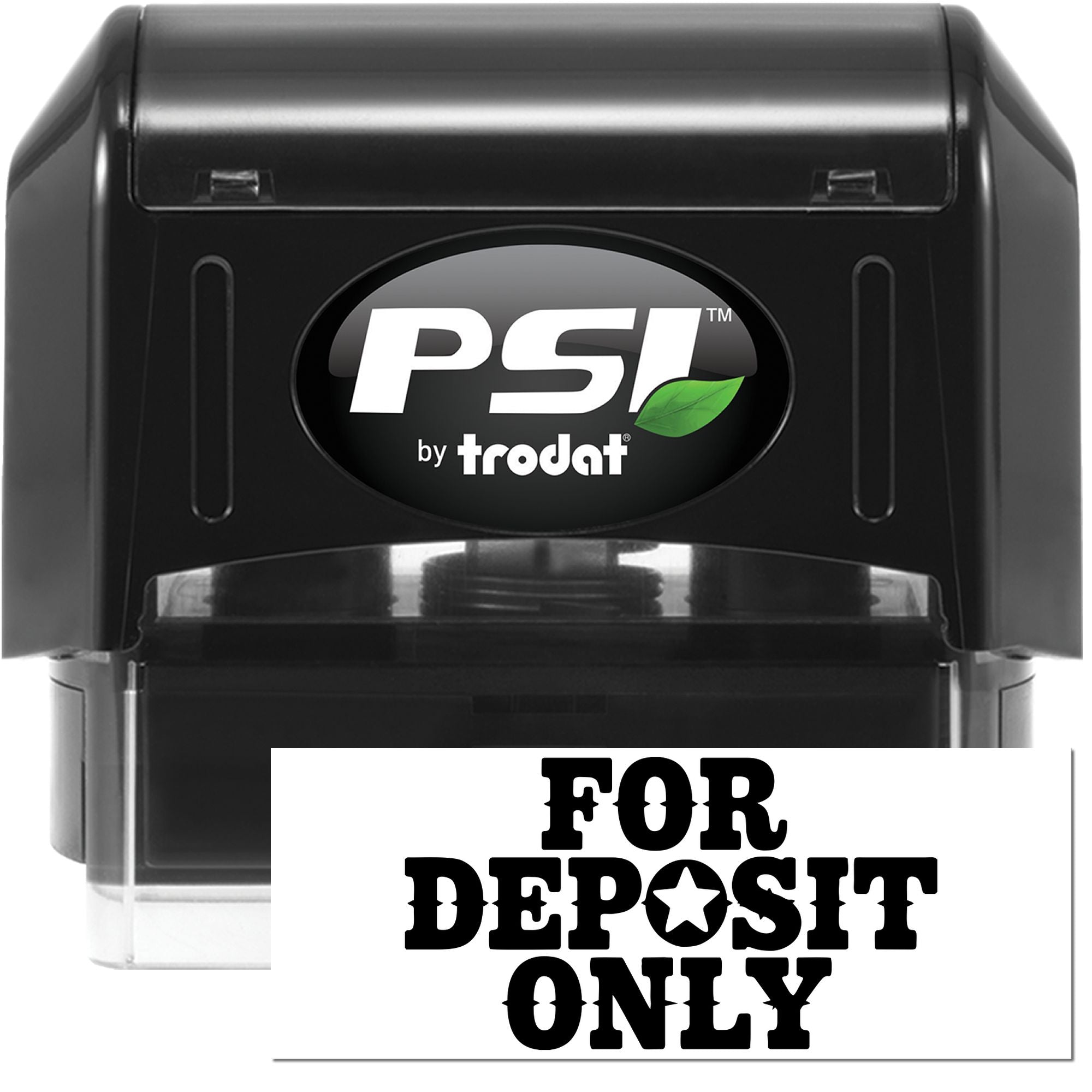 Black PSI by Trodat self-inking stamp with clear case and For Deposit Only bank endorsement seal.