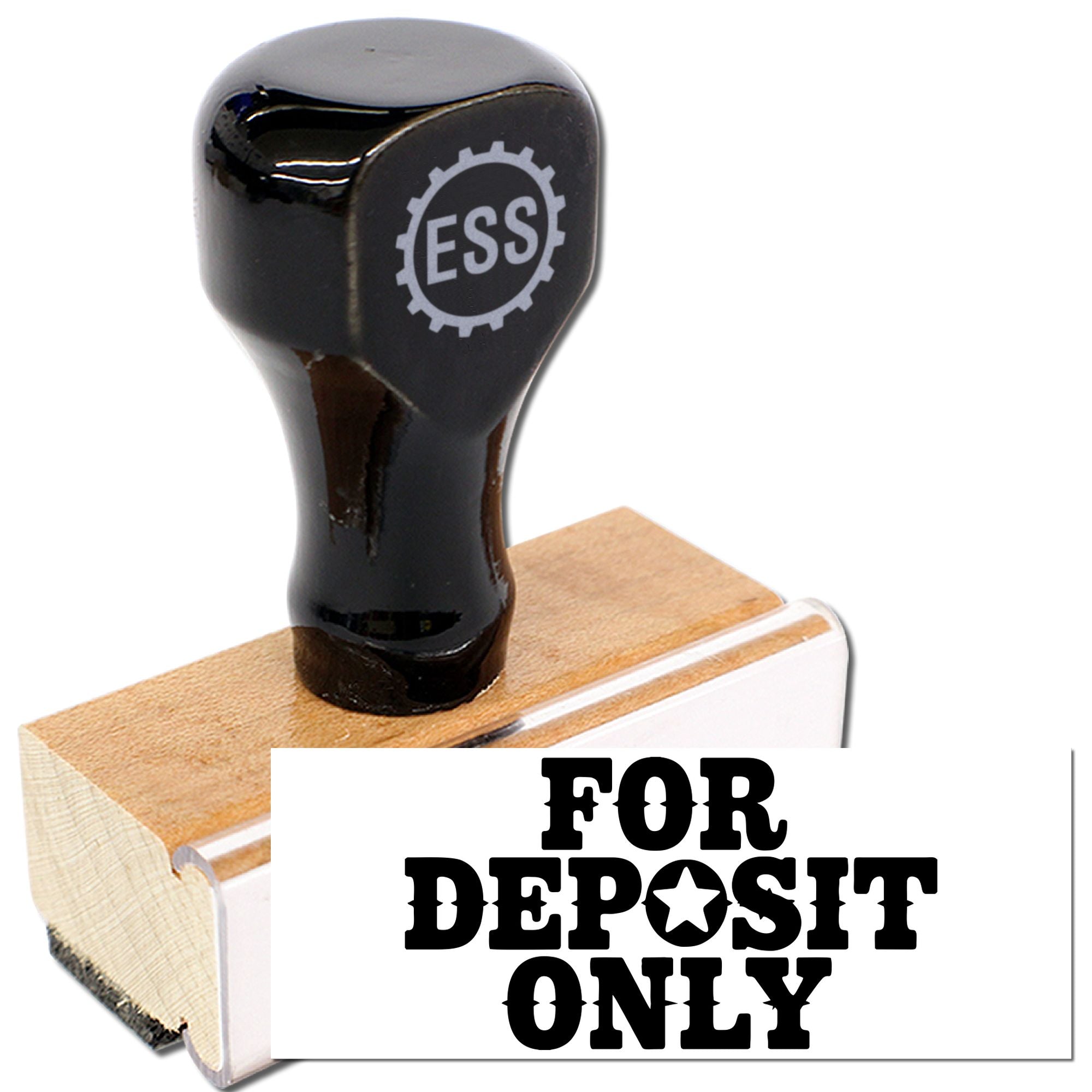 Black rubber bank deposit stamp on wooden block, with white FOR DEPOSIT ONLY seal and ESS logo handle.
