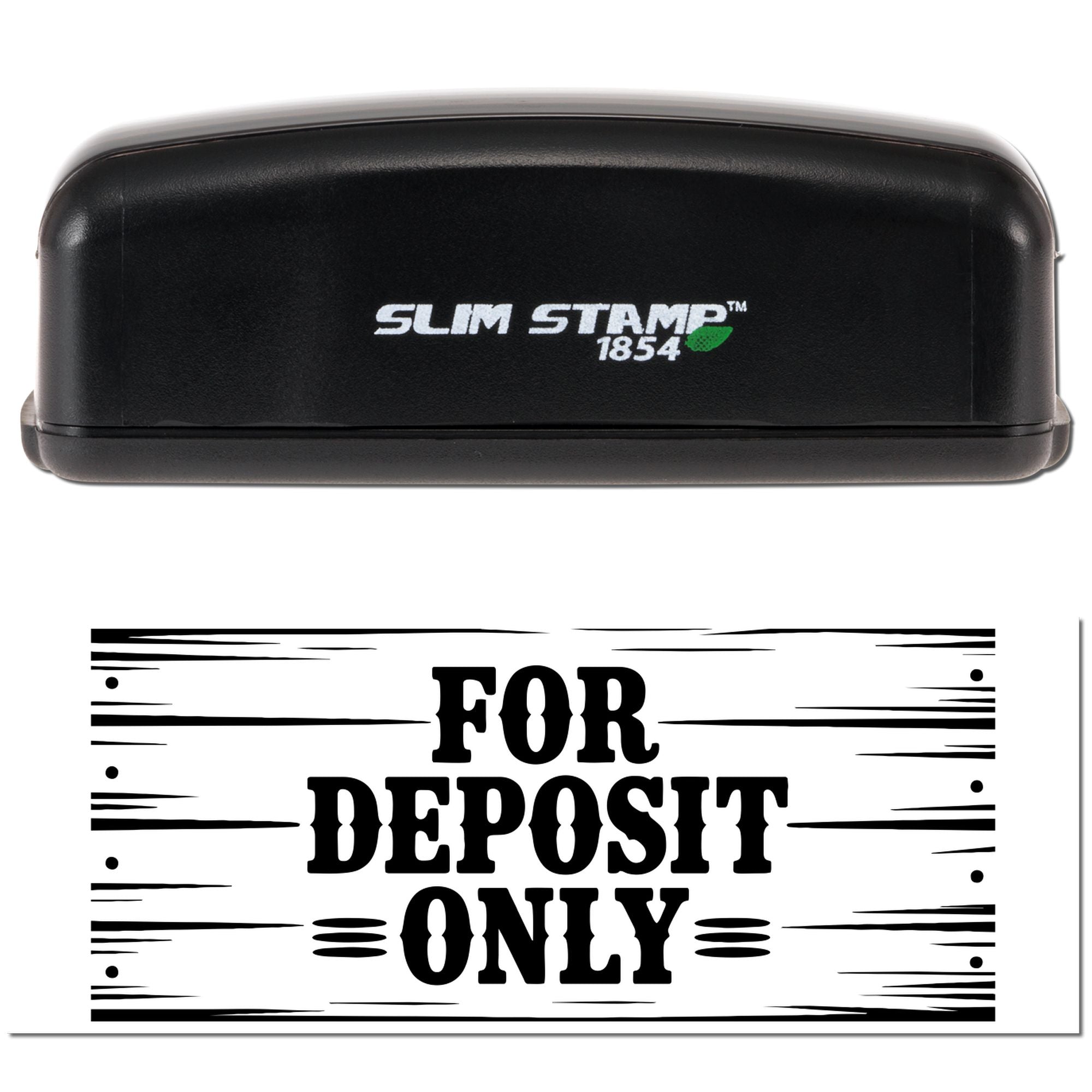 Slim Stamp 1854 black desk seal embosser with white logo; sample imprint reads FOR DEPOSIT ONLY.