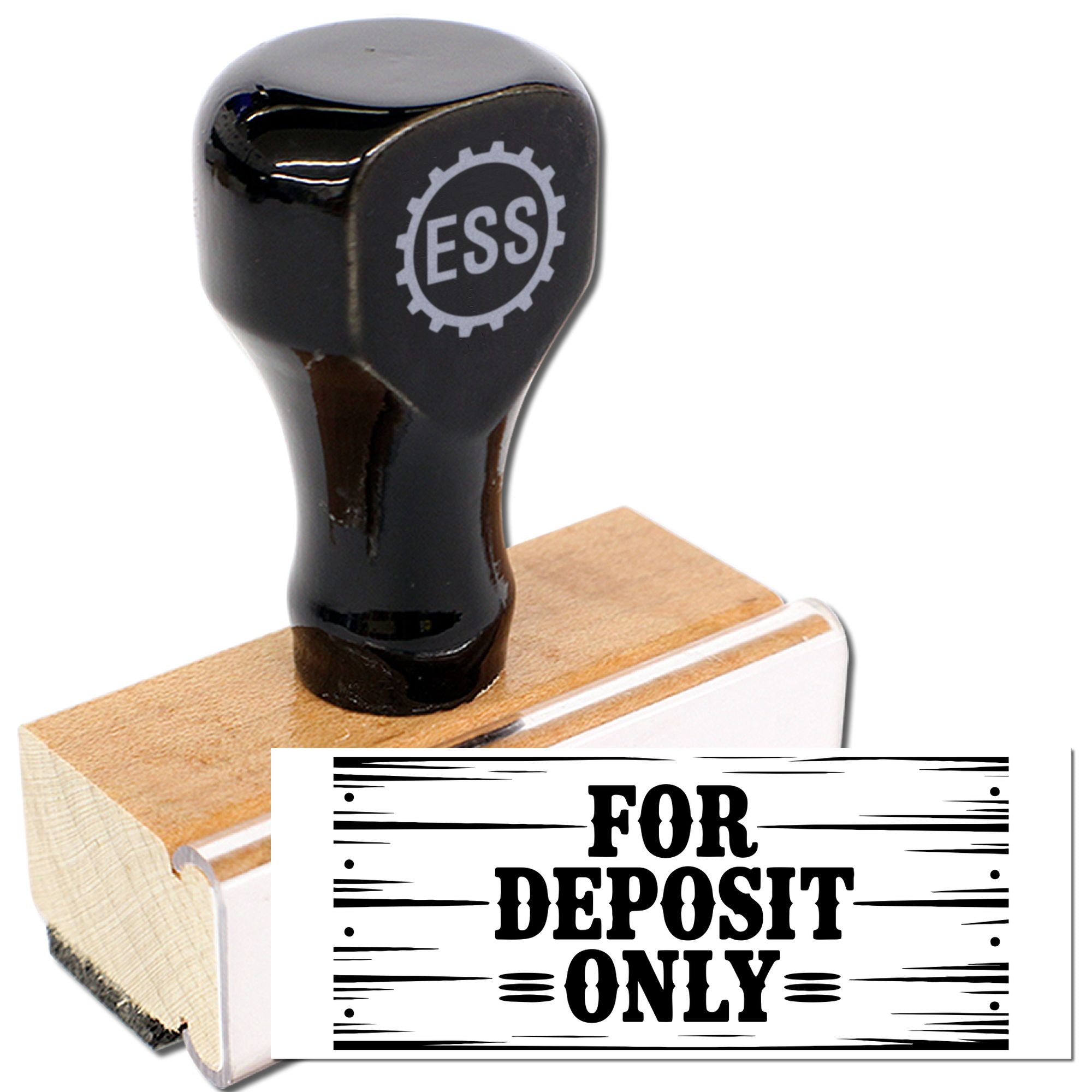 Black ESS stamp with wooden seal block and FOR DEPOSIT ONLY imprint on white background