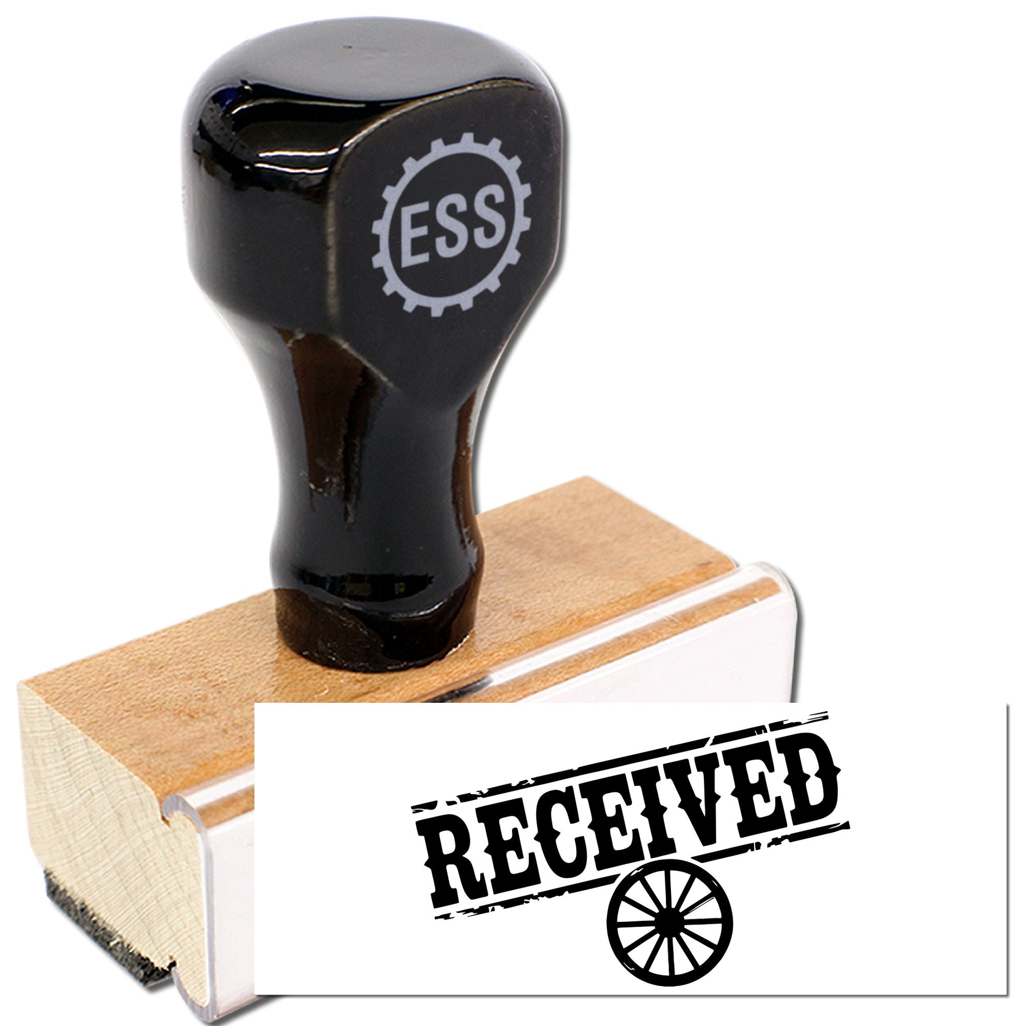 Black ESS rubber stamp on wooden base with RECEIVED seal impression and gear logo.