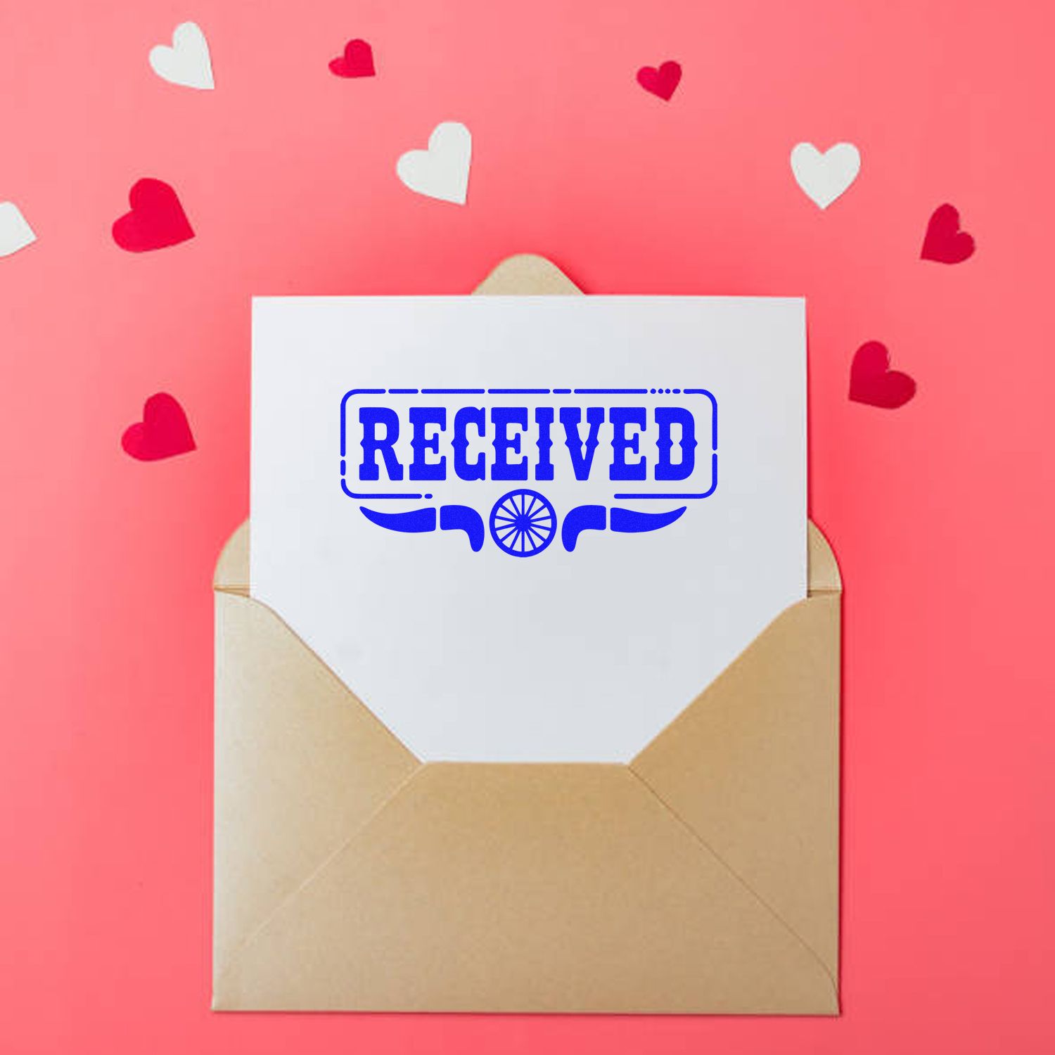 Blue RECEIVED stamp seal on white card in tan envelope, set against a pink background with red and white hearts.