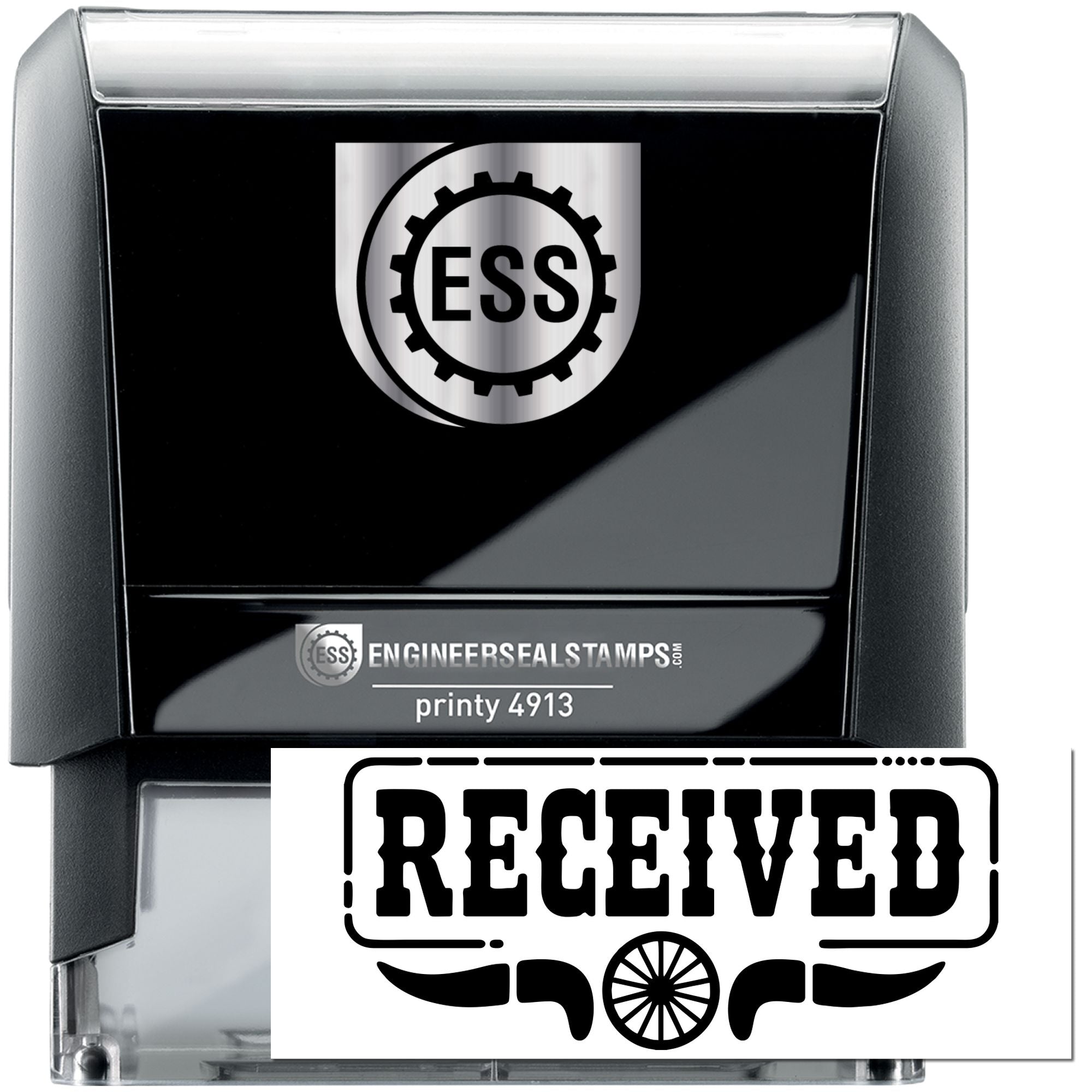 Black and silver ESS engineer seal stamp, Printy 4913, with circular seal logo and bold RECEIVED imprint.