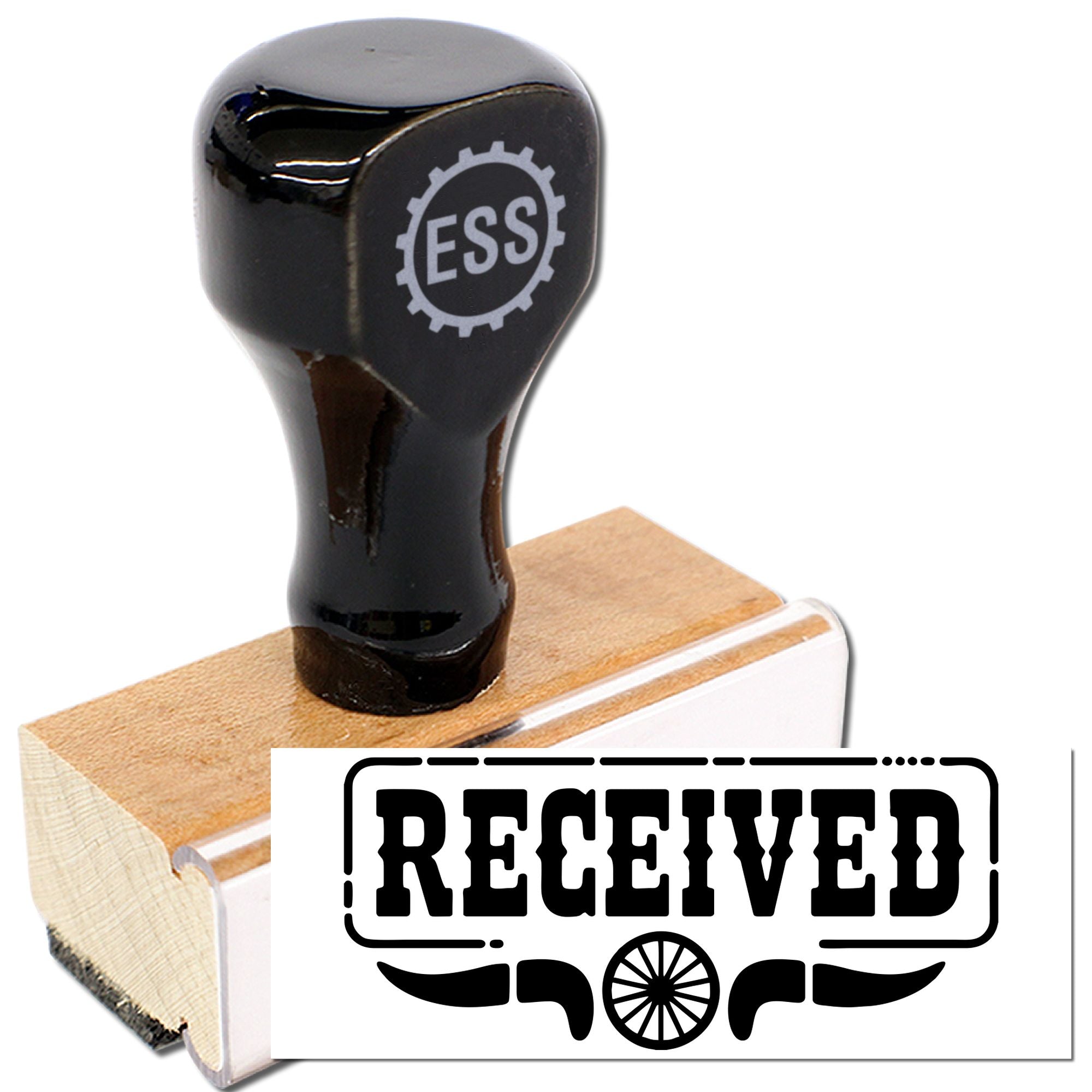 Black ESS rubber stamp and seal with wood handle, creating a bold RECEIVED imprint
