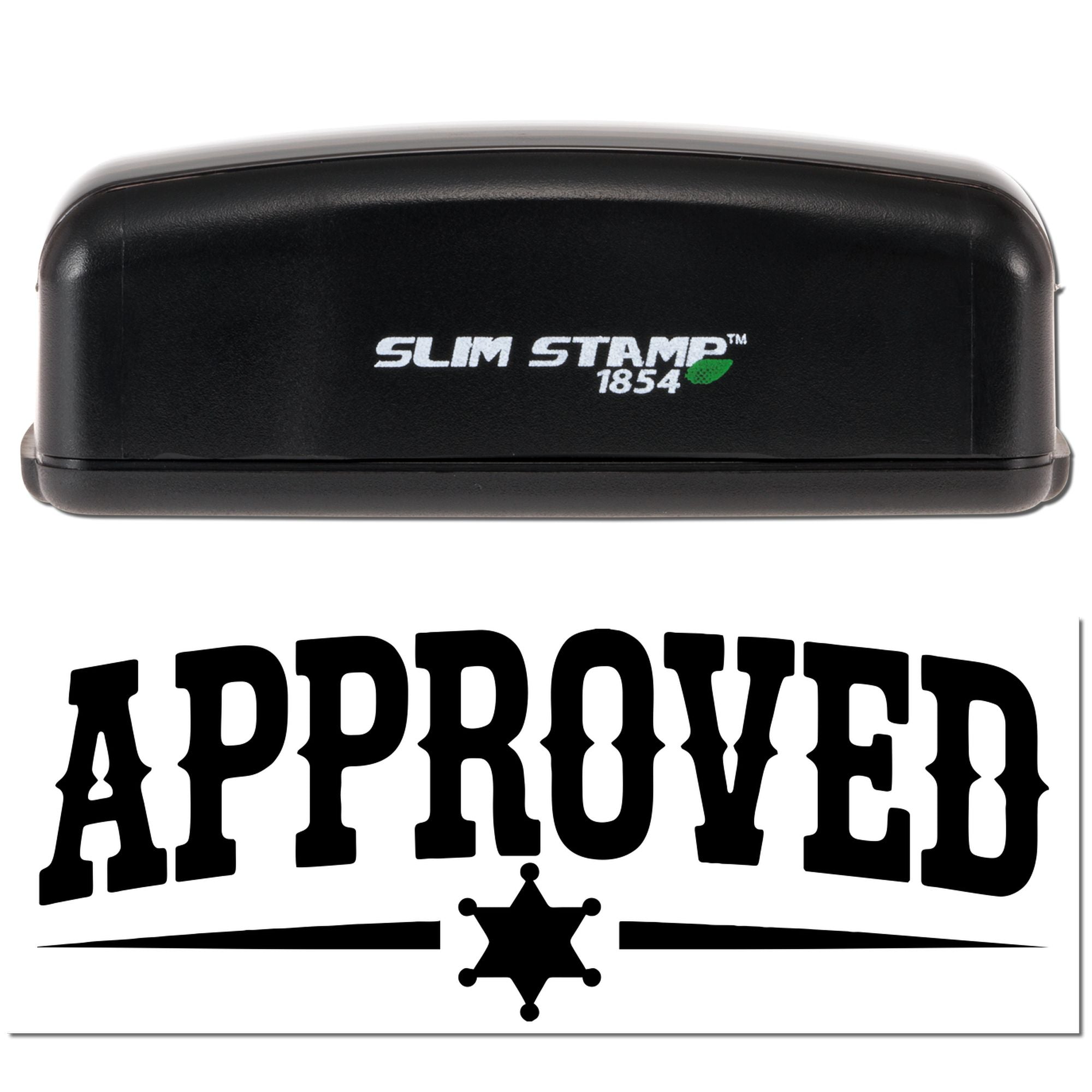 Black Slim Stamp 1854 stamp and seal with white APPROVED imprint and green leaf logo on a white background.
