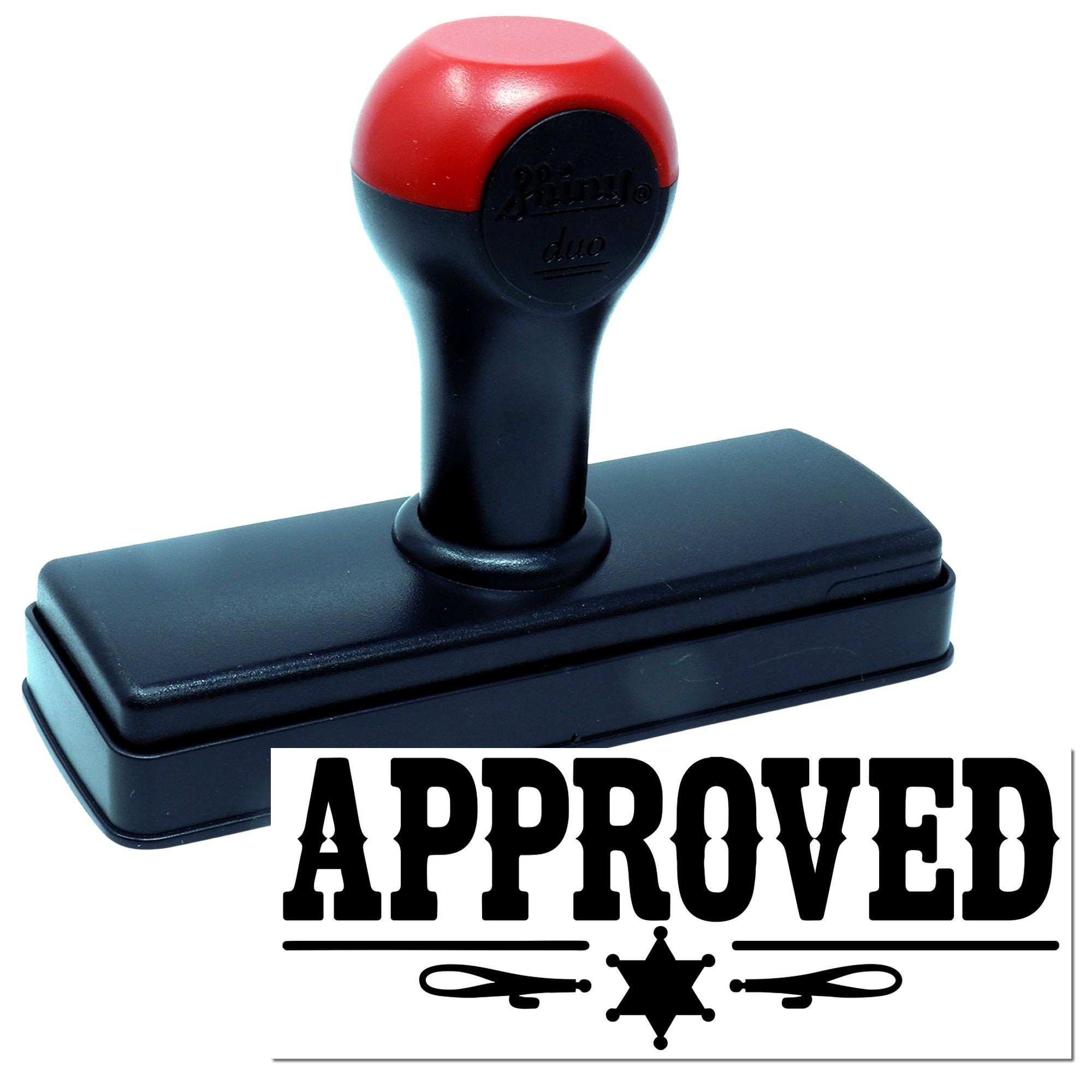 Red and black self-inking approval stamp and seal with bold APPROVED text and star emblem