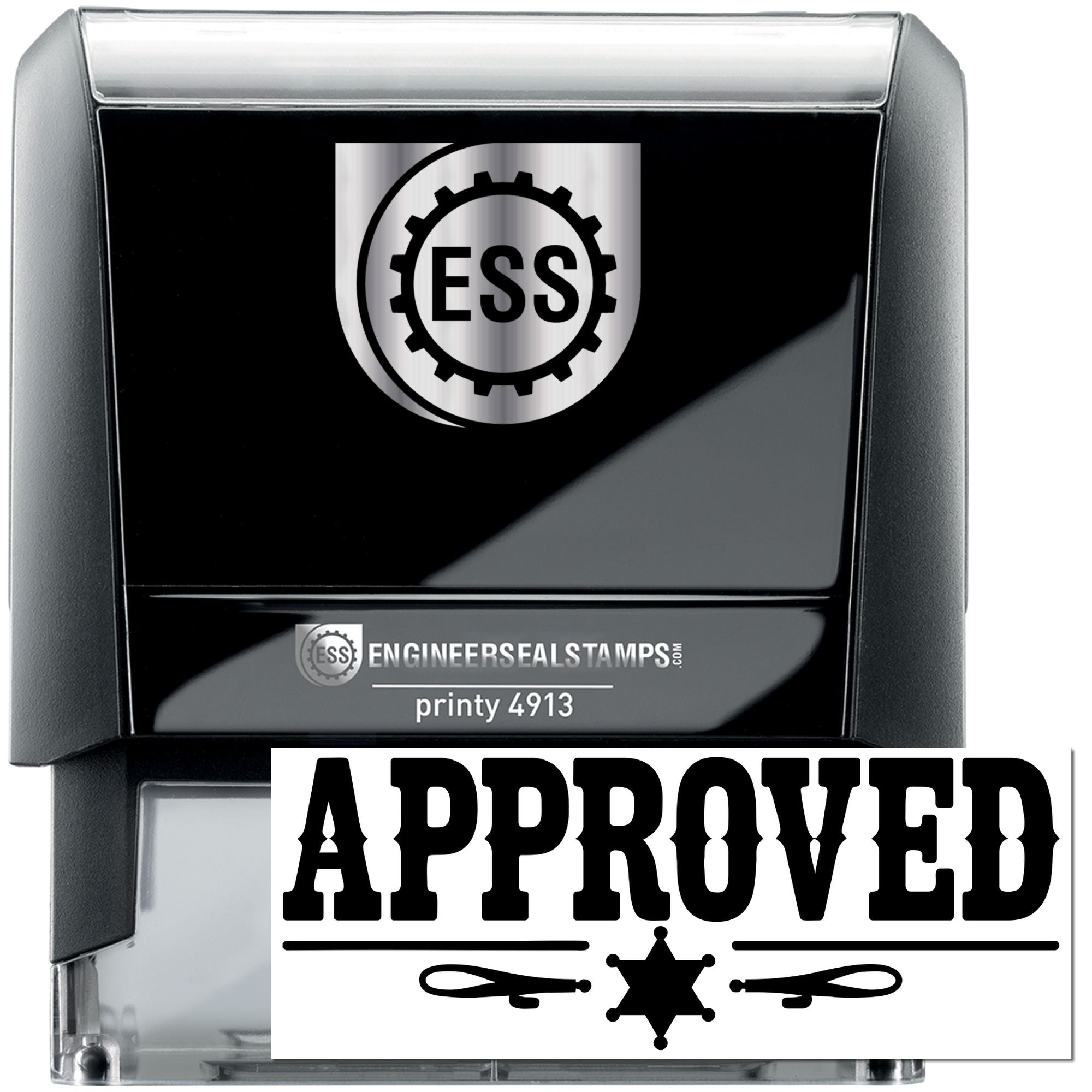Black self-inking APPROVED stamp and seal with silver ESS logo and bold black imprint.