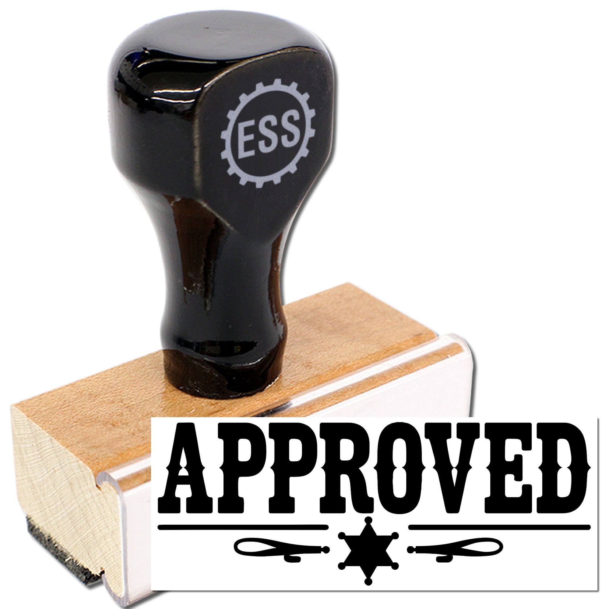 Black self-inking approval stamp with wooden handle and bold APPROVED seal
